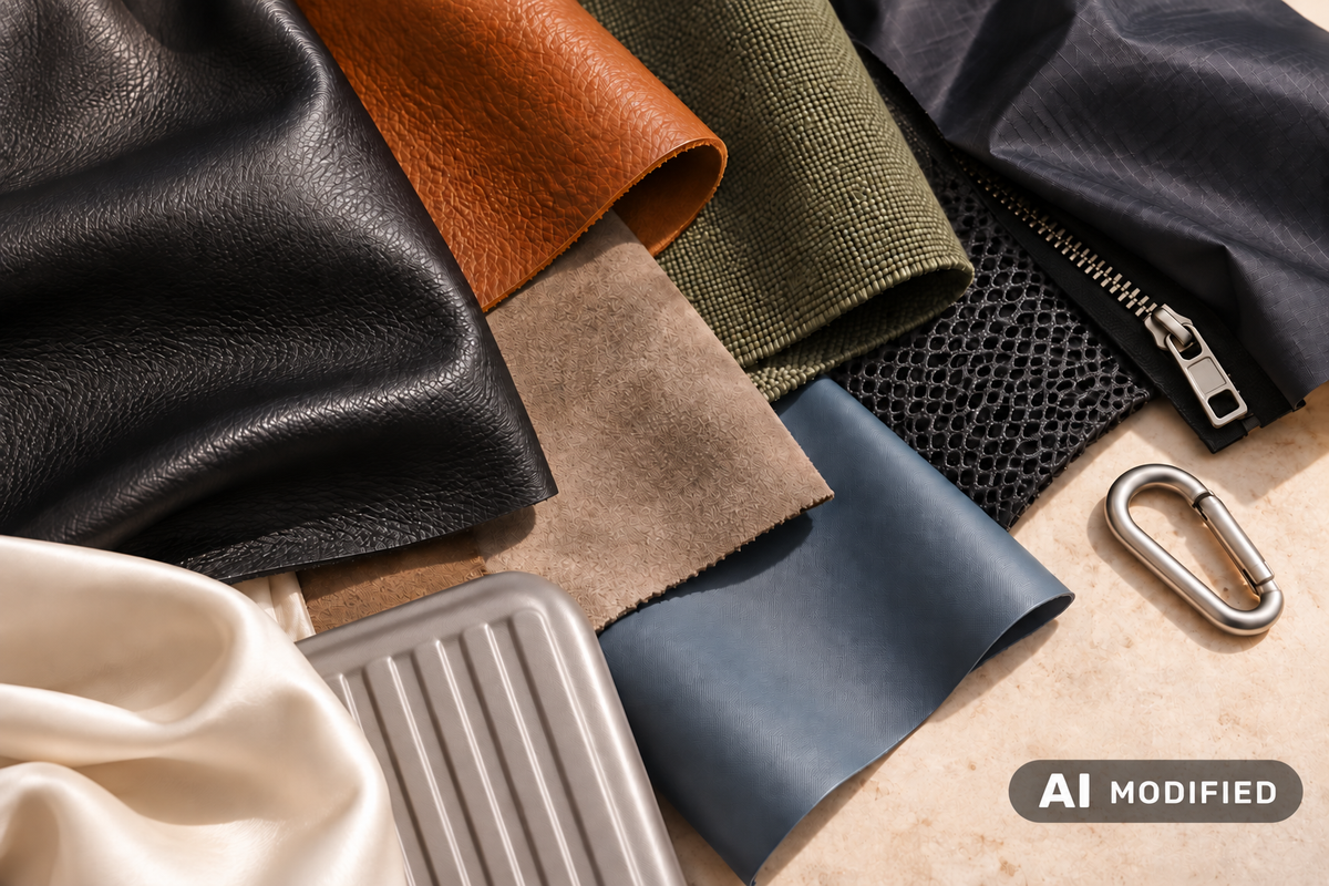 Leder-, Stoff- und Kunststoffmuster mit unterschiedlichen Oberflächen für die Materialkunde von Taschenvertrieb.de.