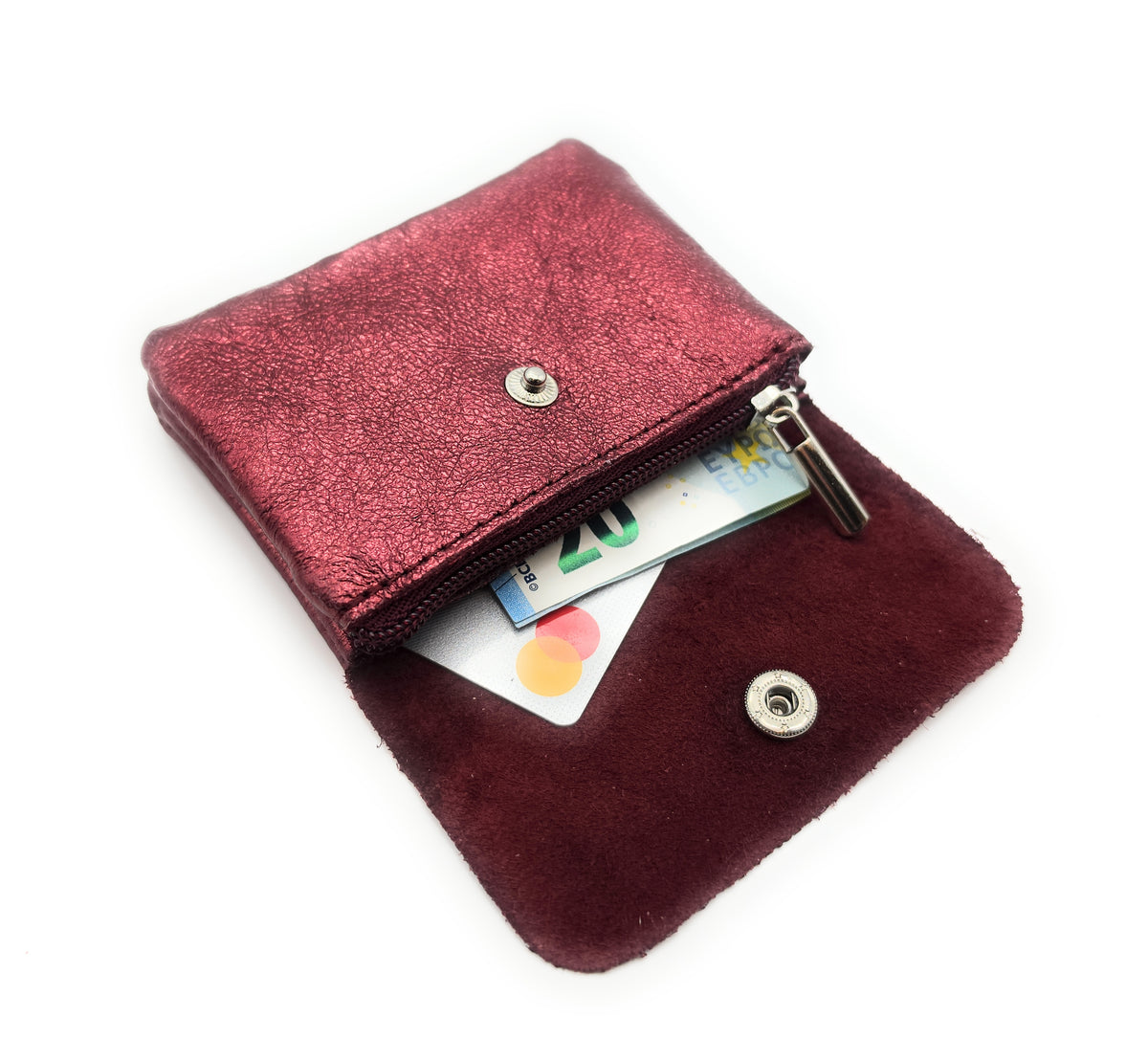 Mini Geldbörse aus echtem Rindleder – kompaktes Leder Portemonnaie Made in Italy bordeau metallic