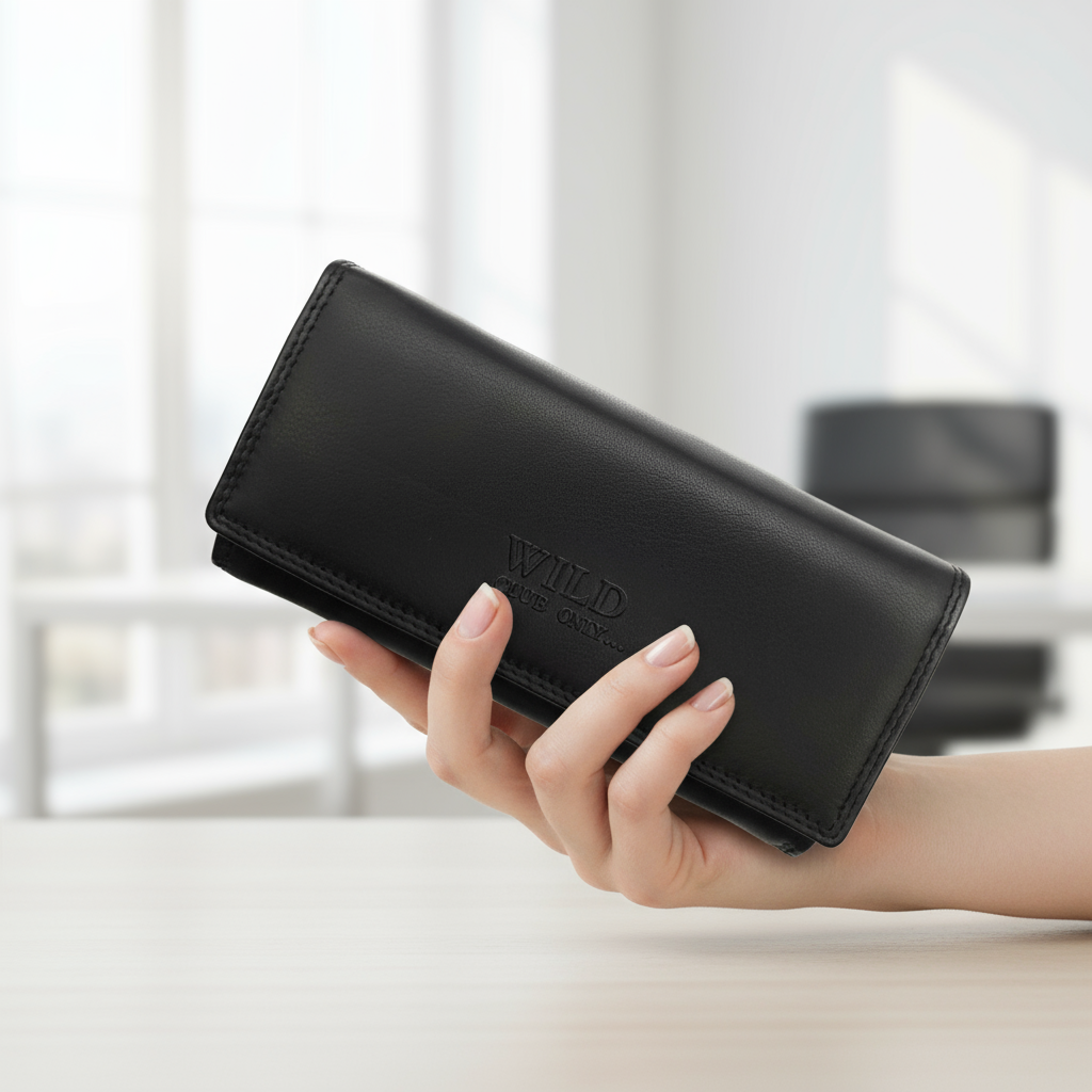 Große Damen Geldbörse aus Echtleder mit RFID-Schutz, 18 Kartenfächer, Langformat mit Münzfach & Doppelnaht schwarz