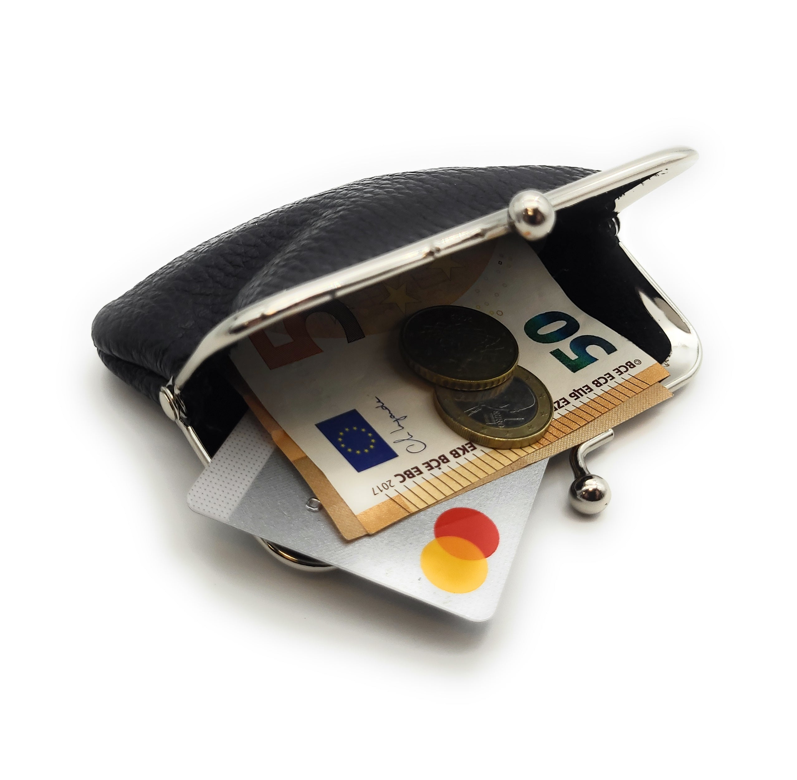 Mini Geldbörse Bügelbörse Rindleder schwarz – Made in Italy, kompakt & vielseitig