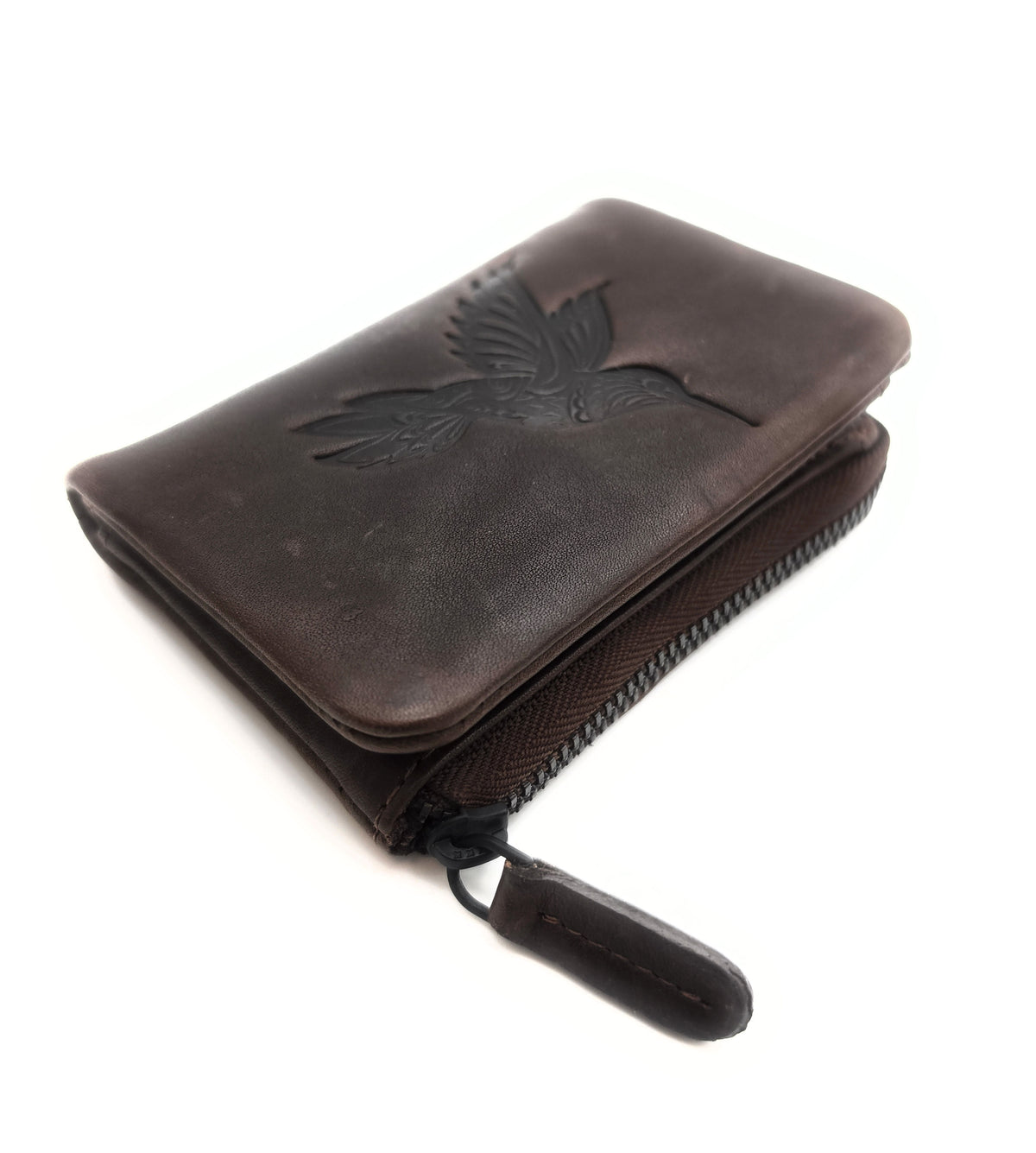 Mini-Geldbörse gewachstes Rindleder Kolibri-Prägung RFID-Schutz dunkelbraun