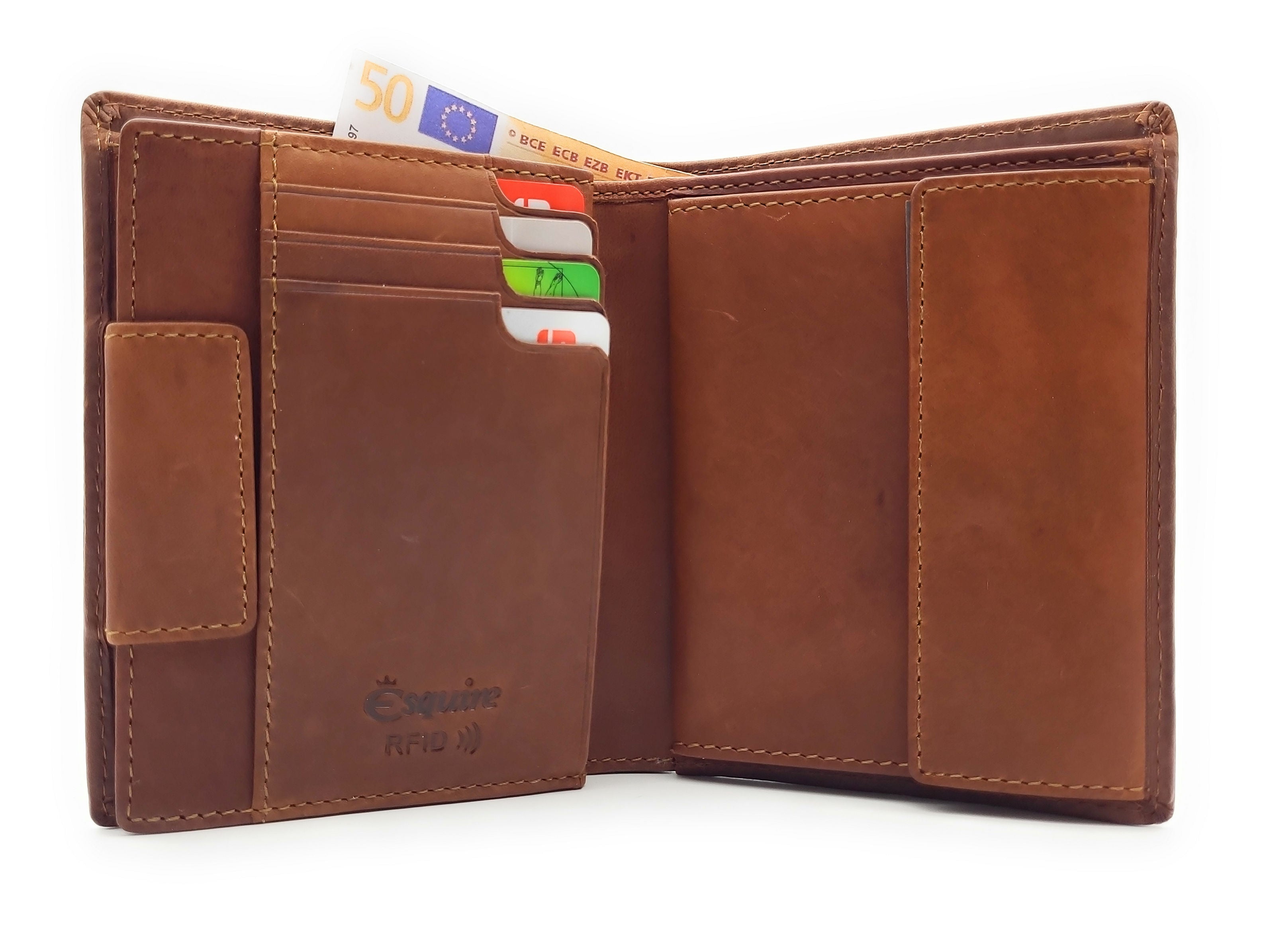 Esquire echt Leder Geldbörse Portemonnaie mit Cardsafe und RFID Schutz "Dallas" 14 Kartenfächer braun