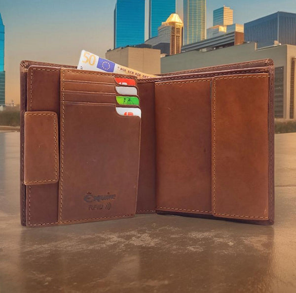Esquire echt Leder Geldbörse Portemonnaie mit Cardsafe und RFID Schutz "Dallas" 14 Kartenfächer braun