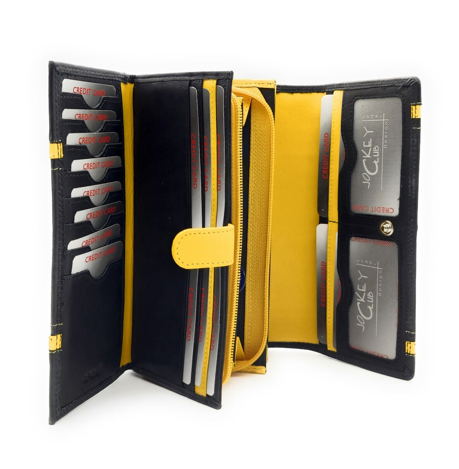 Jockey Club XL echt Leder Damen Geldbörse Portemonnaie 16 Kartenfächer mit RFID Schutz Fach für Smartphones schwarz gelb