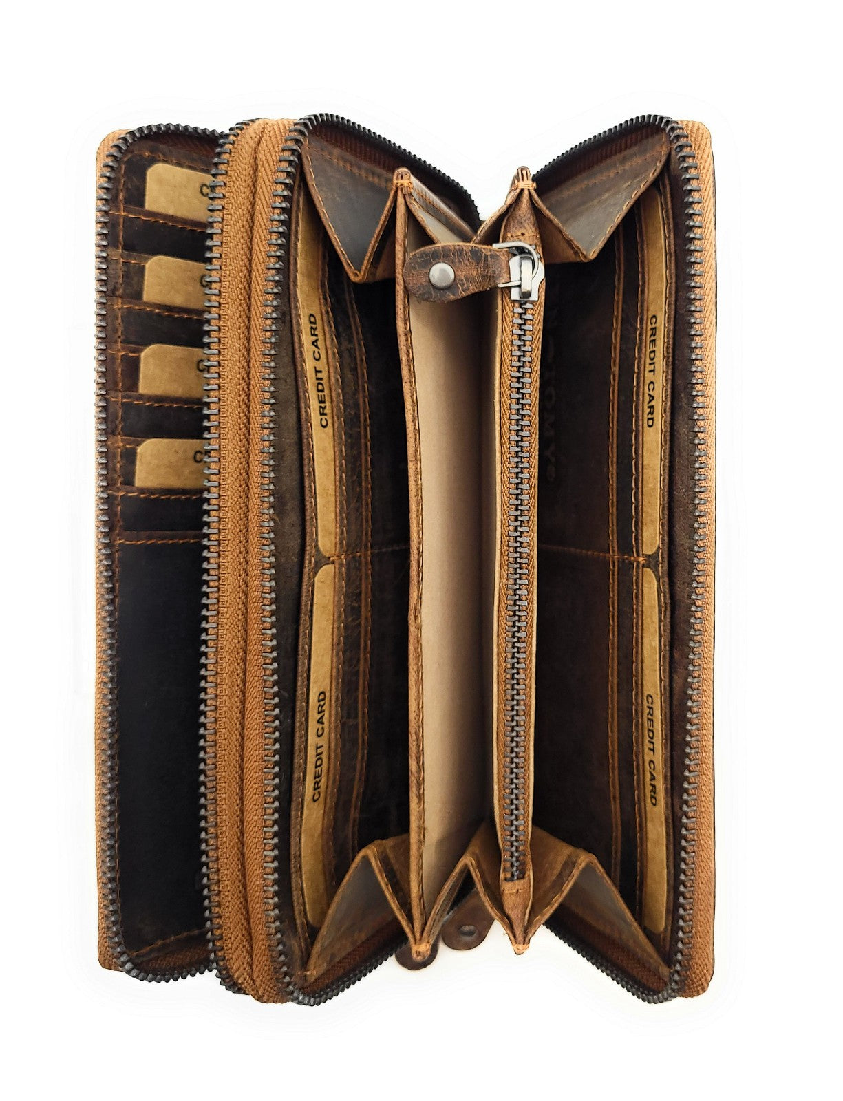 Ven Tomy XL Geldbörse aus Hunterleder (Büffel) mit RFID-Schutz & zwei Metallreißverschlüssen – 25 Kartenfächer, Münzfach, großes Leder Damen Herren Portemonnaie