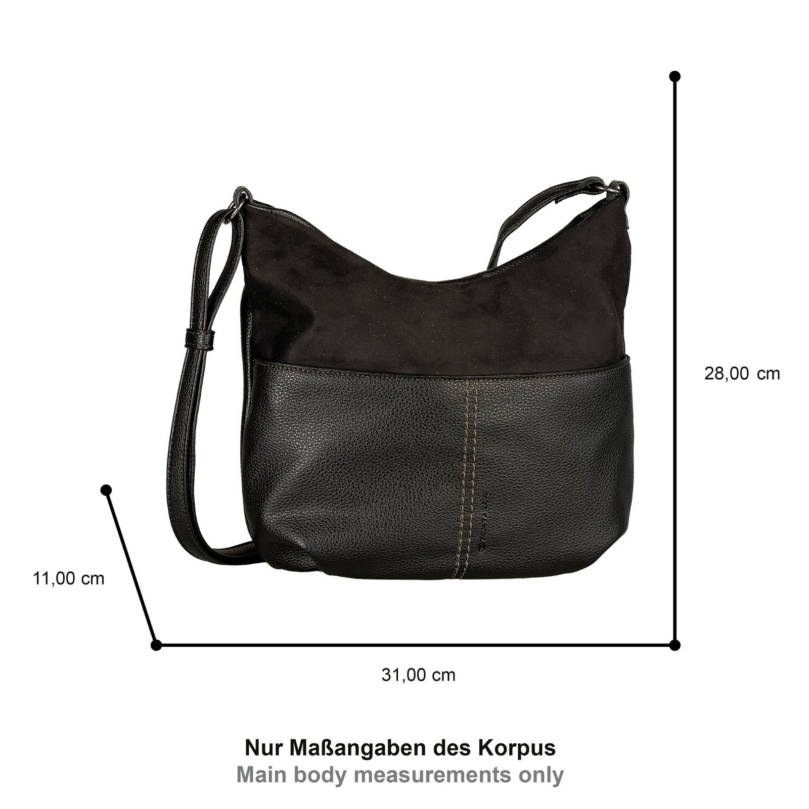 Tom Tailor Cross Bag M Miha – Mittelgroße Umhängetasche mit Reißverschlussfächern, Velours- & Lederimitat, 31x11x28 cm schwarz