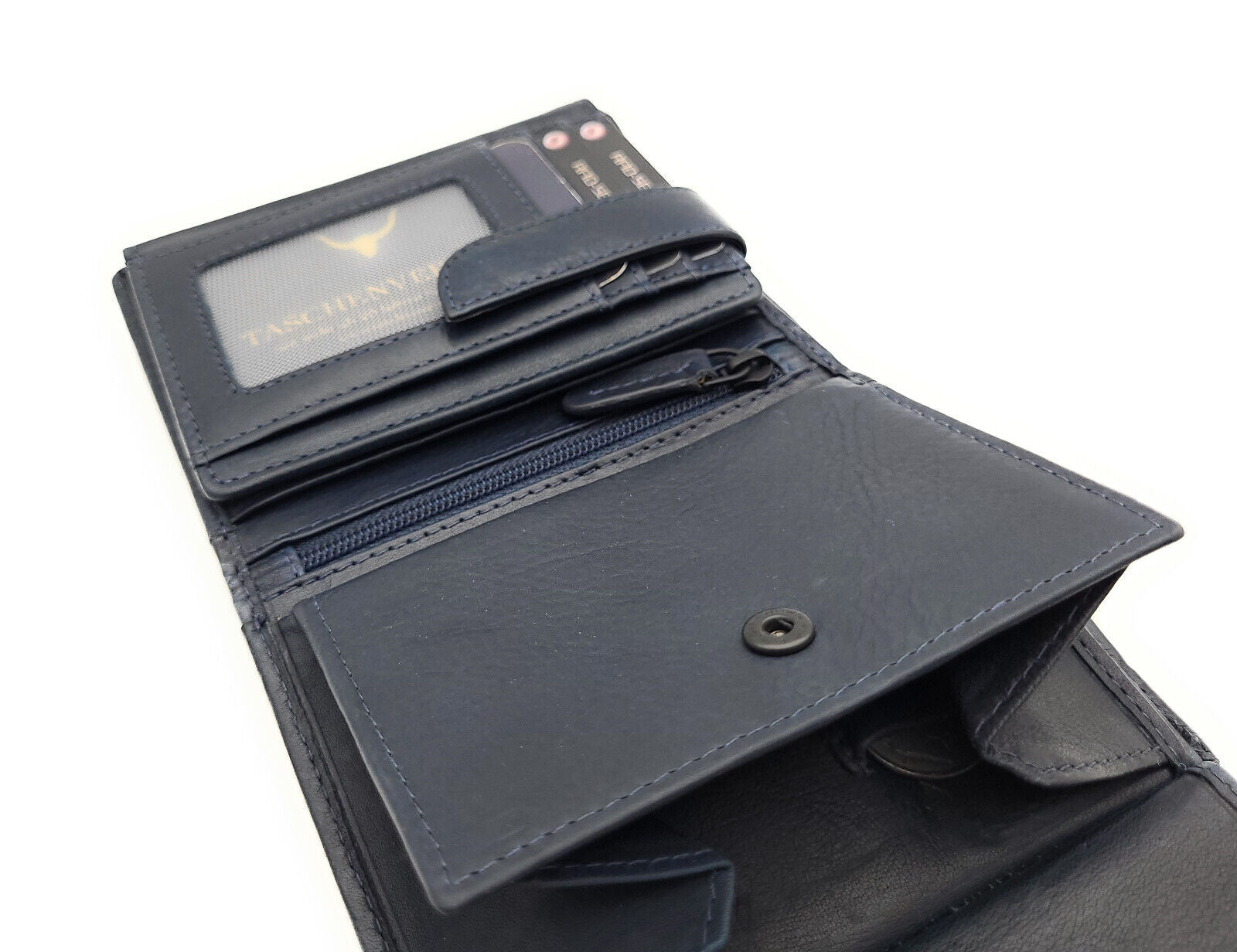 Jockey Club klassische echt Leder Geldbörse Portemonnaie mit RFID Schutz gewachstes Rindleder navy blau