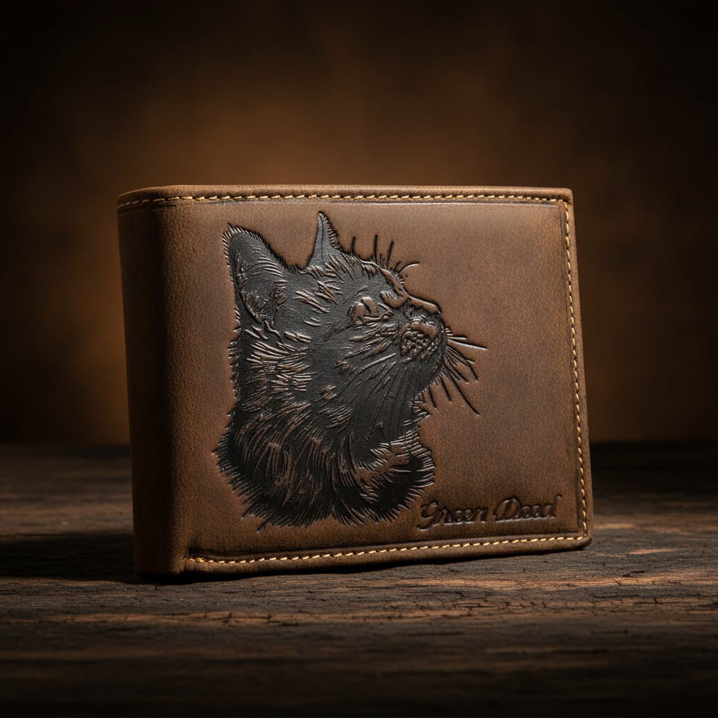 Green Deed Geldbörse aus Hunterleder – Dunkelbraun mit geprägtem Katzen-Motiv, RFID-Schutz & Geschenkbox