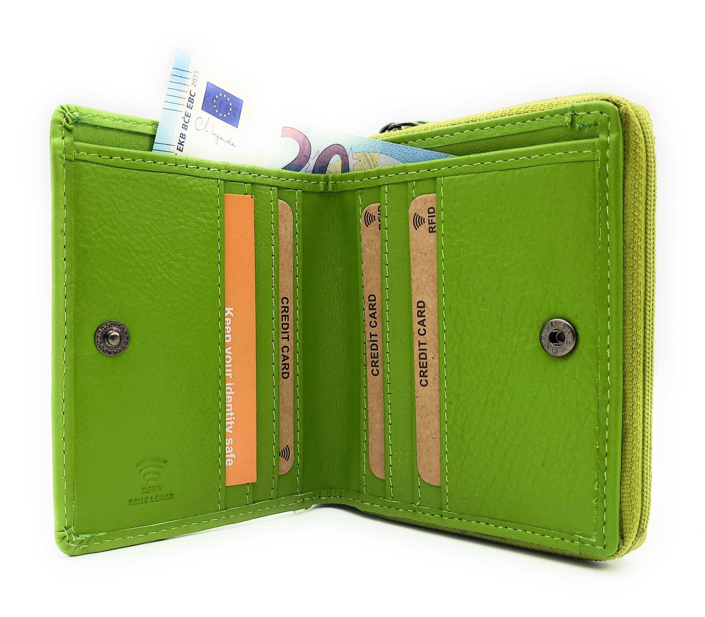 Damen Geldbörse RFID Schutz Nappaleder - Kompakt mit 6 Kartenfächern & Münzfach grün