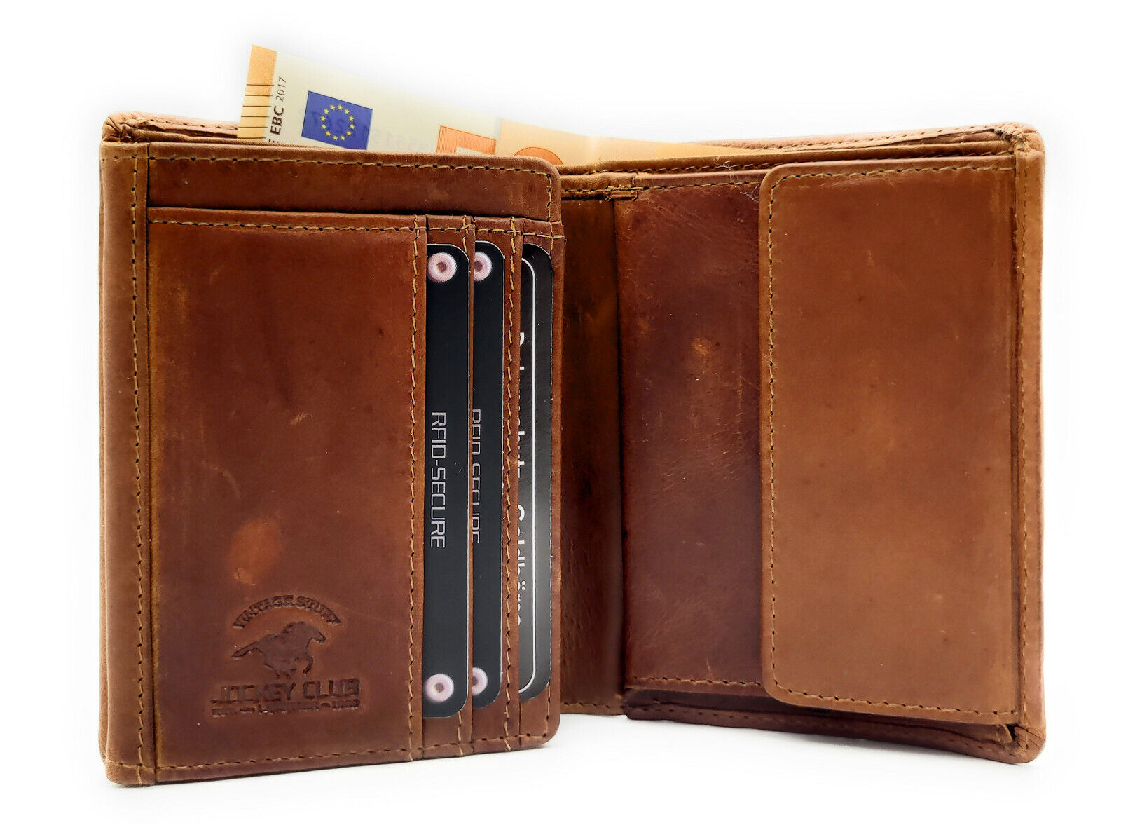 Jockey Club kompakte echt Leder Geldbörse Portemonnaie mit RFID Schutz gewachstes Rindleder cognac