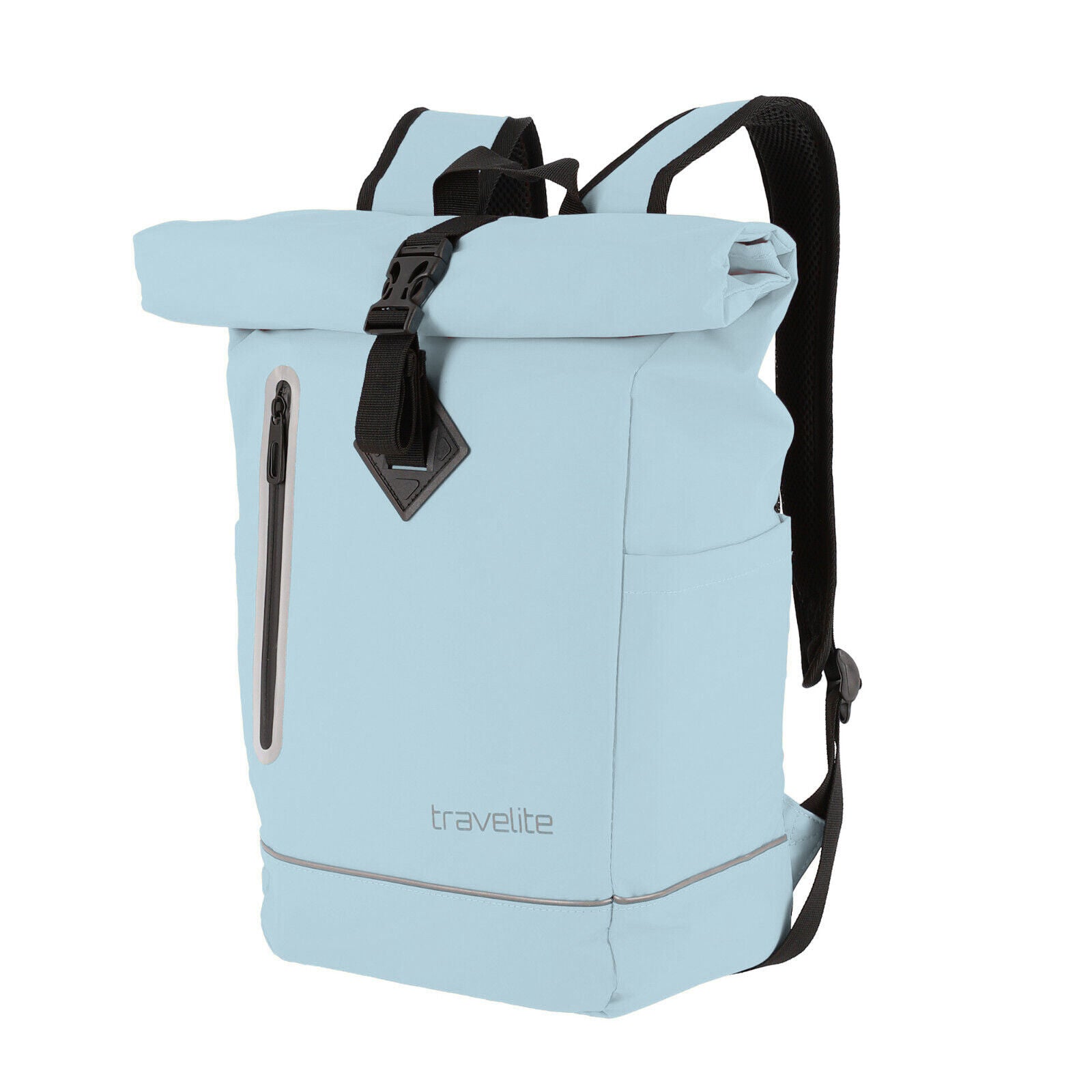 Travelite Rollup Fahrrad Rucksack Kurierrucksack Daypack aus wasserfester Plane mit Reflektoren pastell blau