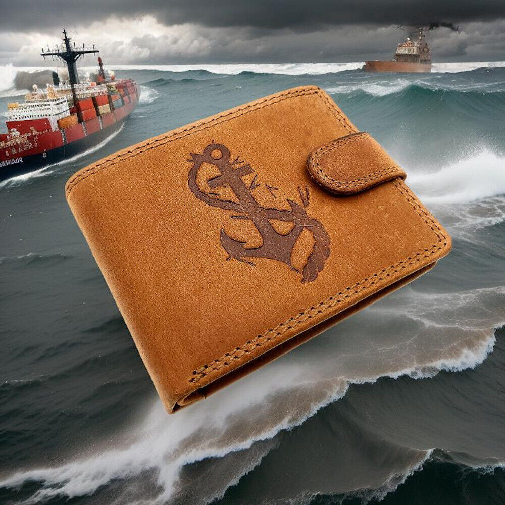 Hunterleder Geldbörse mit Anker-Prägung - Maritimes Portemonnaie für Damen & Herren