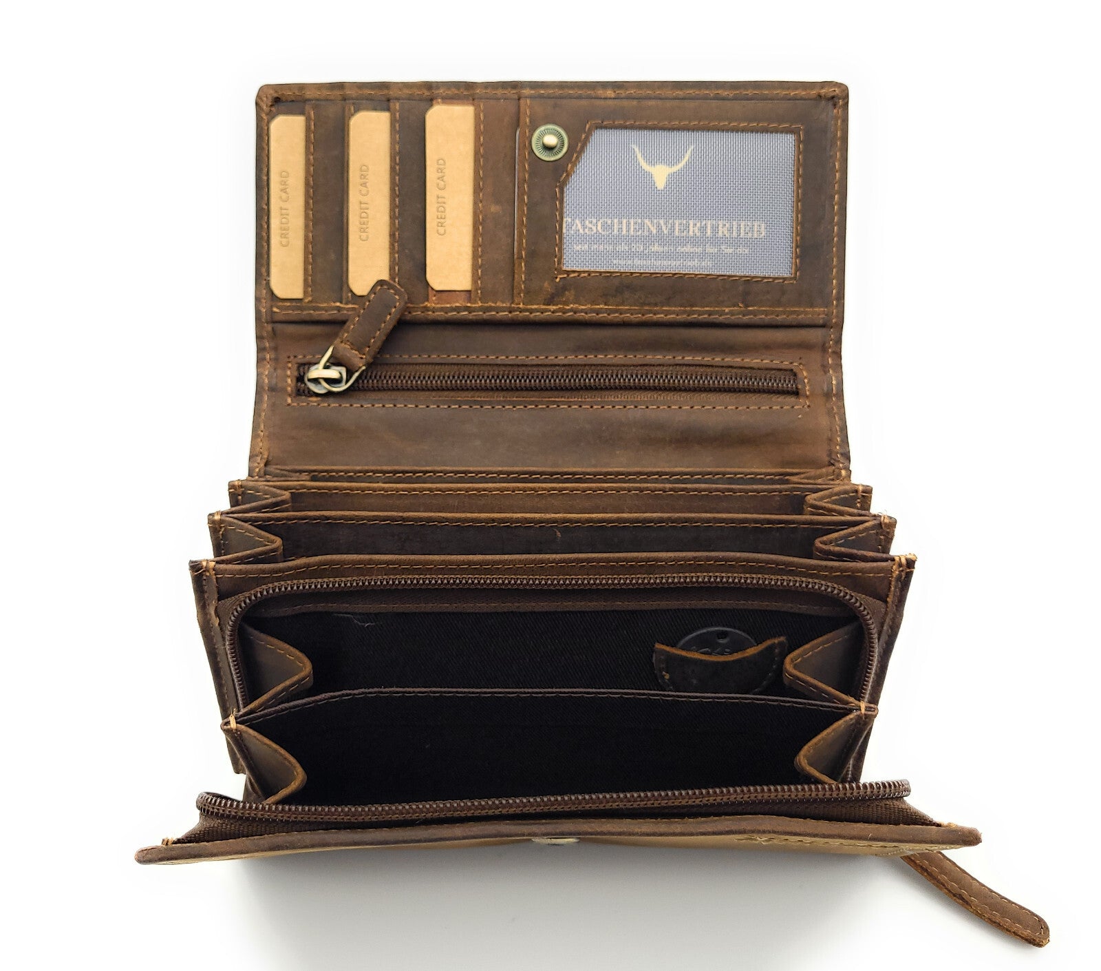 Jockey Club Damenbörse Geldbörse Hunterleder mit Katzenprägung – RFID-Schutz & viele Fächer, Braun