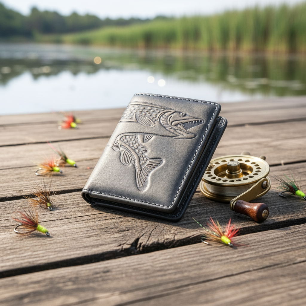 Jockey Club kleine echt Leder Geldbörse Hunterleder Portemonnaie Geldbeutel Hecht Fisch Anglerbörse mit RFID Schutz