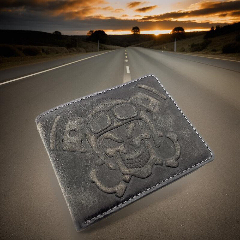 Jockey Club echt Leder Biker Geldbörse Portemonnaie 3D Totenkopf mit RFID Schutz grau