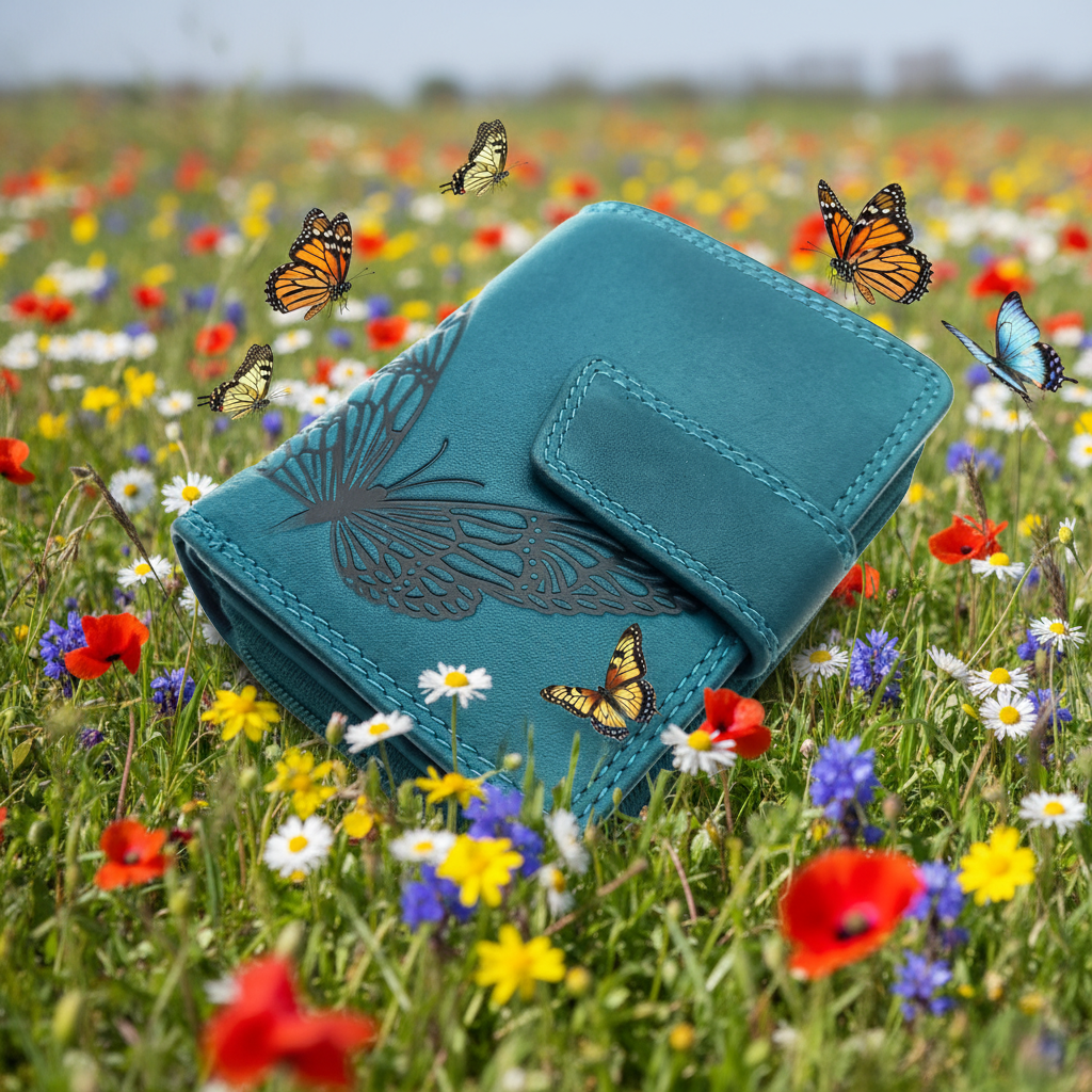 Jockey Club echt Leder Geldbörse Portemonnaie Geldbeutel Sauvage mit RFID Schutz Schmetterling petrol