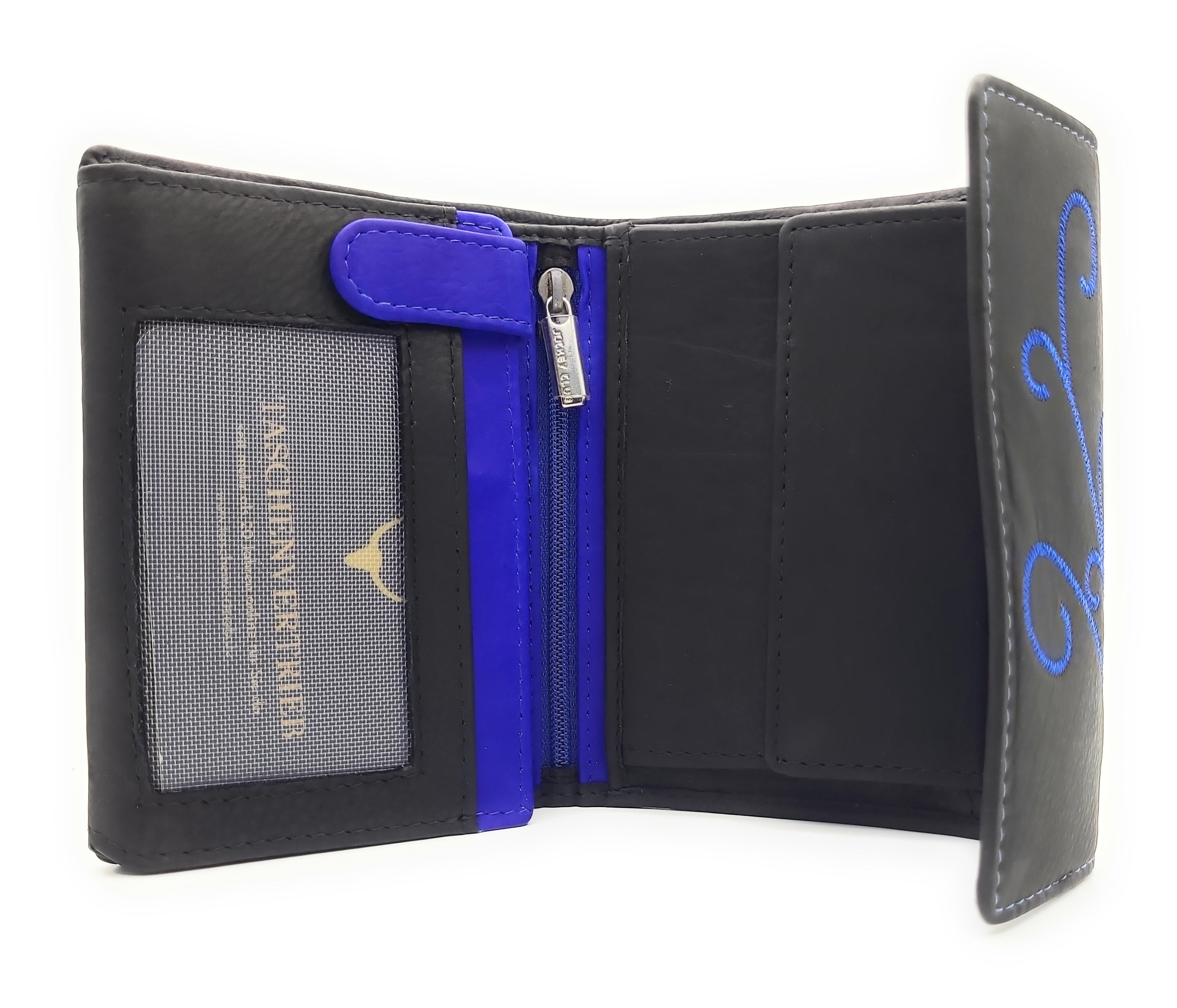 Jockey Club echt Leder Damen Geldbörse mit Stickerei Schmetterling + RFID Schutz blau