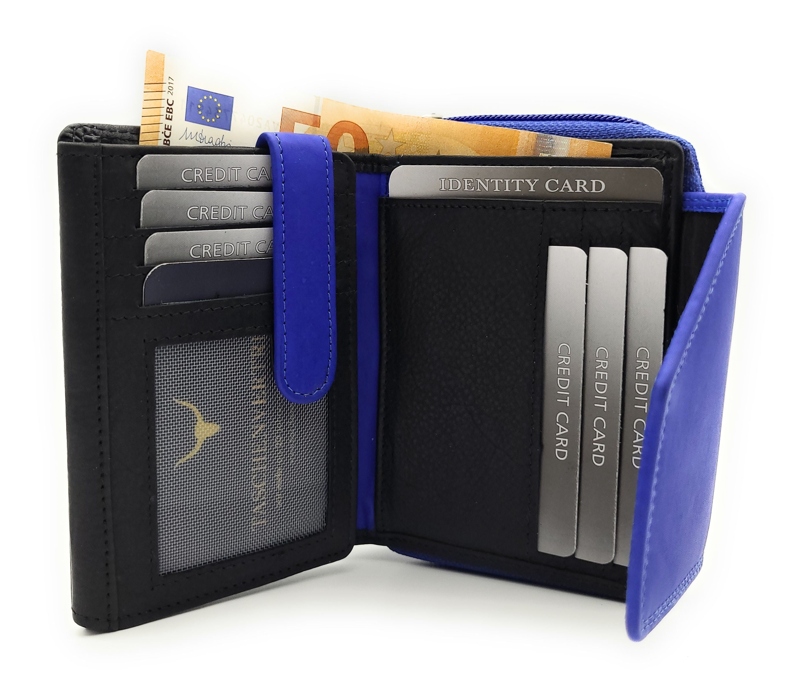 Jockey Club echt Leder Damen Geldbörse Portemonnaie Geldbeutel viele Fächer RFID Schutz schwarz royalblau