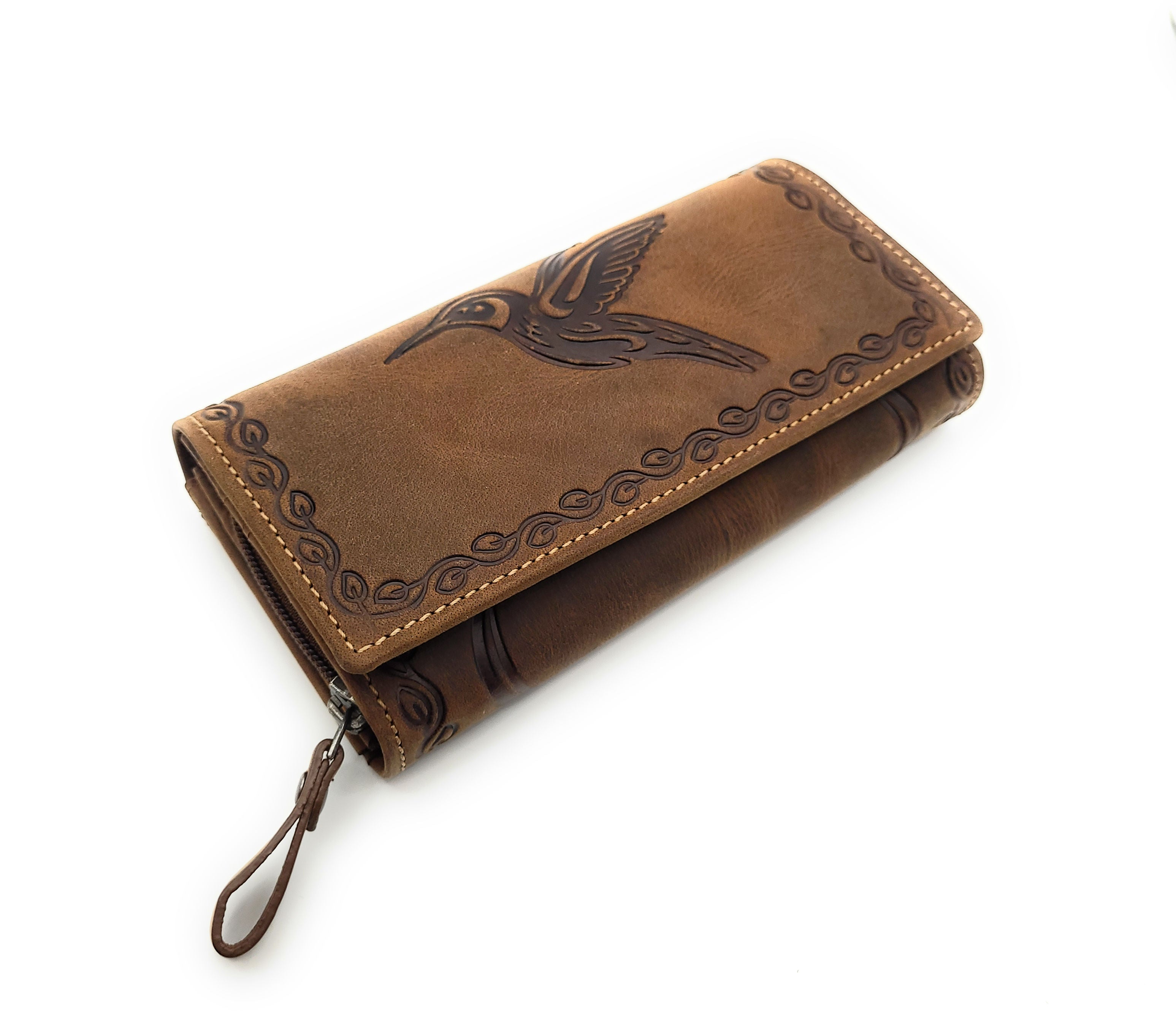 Jockey Club Damen Geldbörse Lang Leder RFID Schutz - Braun mit Kolibri-Prägung