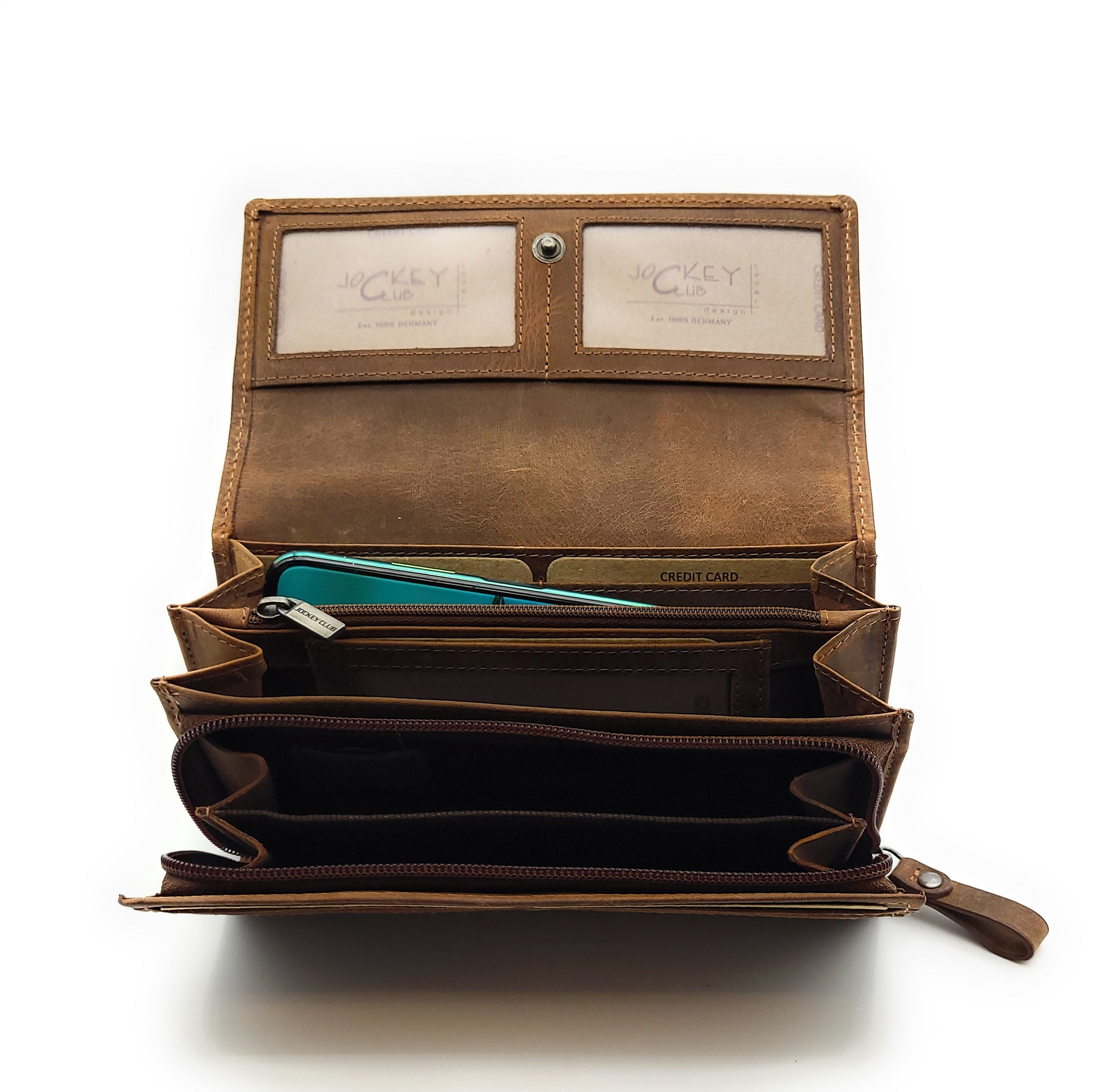Jockey Club Damen Geldbörse Lang Leder RFID Schutz - Braun mit Kolibri-Prägung