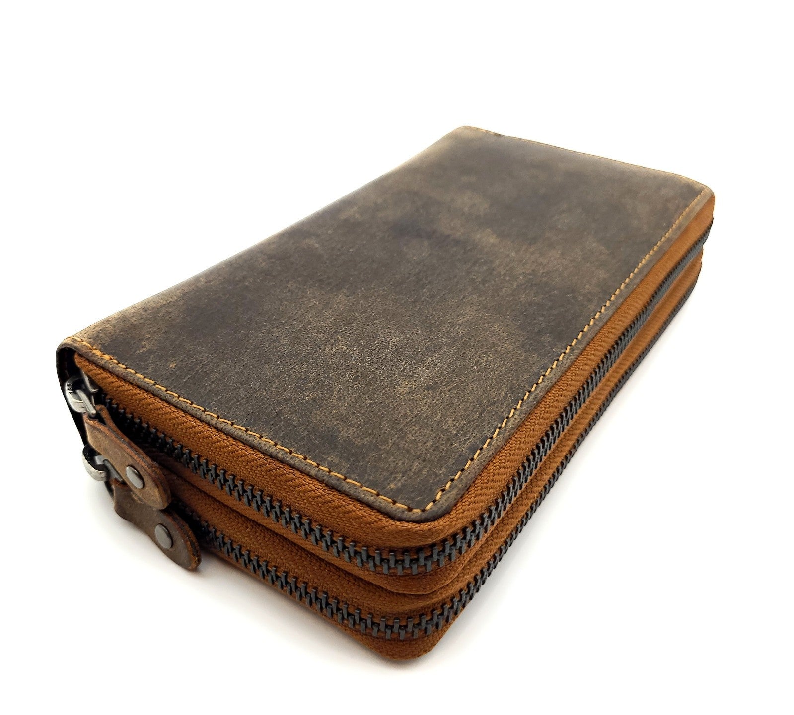 Ven Tomy XL Geldbörse aus Hunterleder (Büffel) mit RFID-Schutz & zwei Metallreißverschlüssen – 25 Kartenfächer, Münzfach, großes Leder Damen Herren Portemonnaie