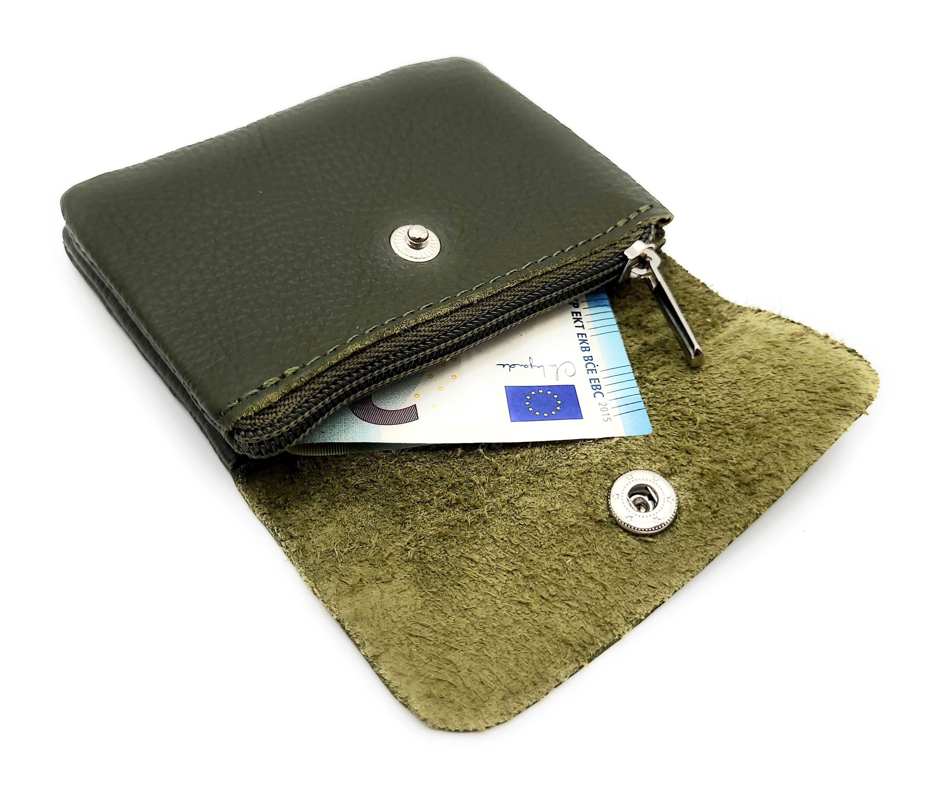 Mini Geldbörse aus echtem Rindleder – kompaktes Leder Portemonnaie Made in Italy olive