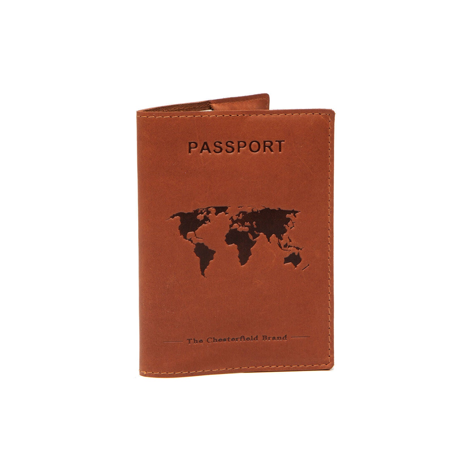 The Chesterfield Brand Passport Cover – Hochwertiges Reisepass-Etui aus 100% Rindsleder mit Weltkarten-Design cognac