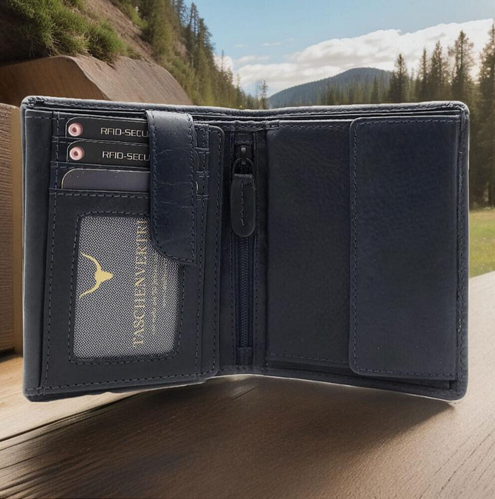 Jockey Club klassische echt Leder Geldbörse Portemonnaie mit RFID Schutz gewachstes Rindleder navy blau