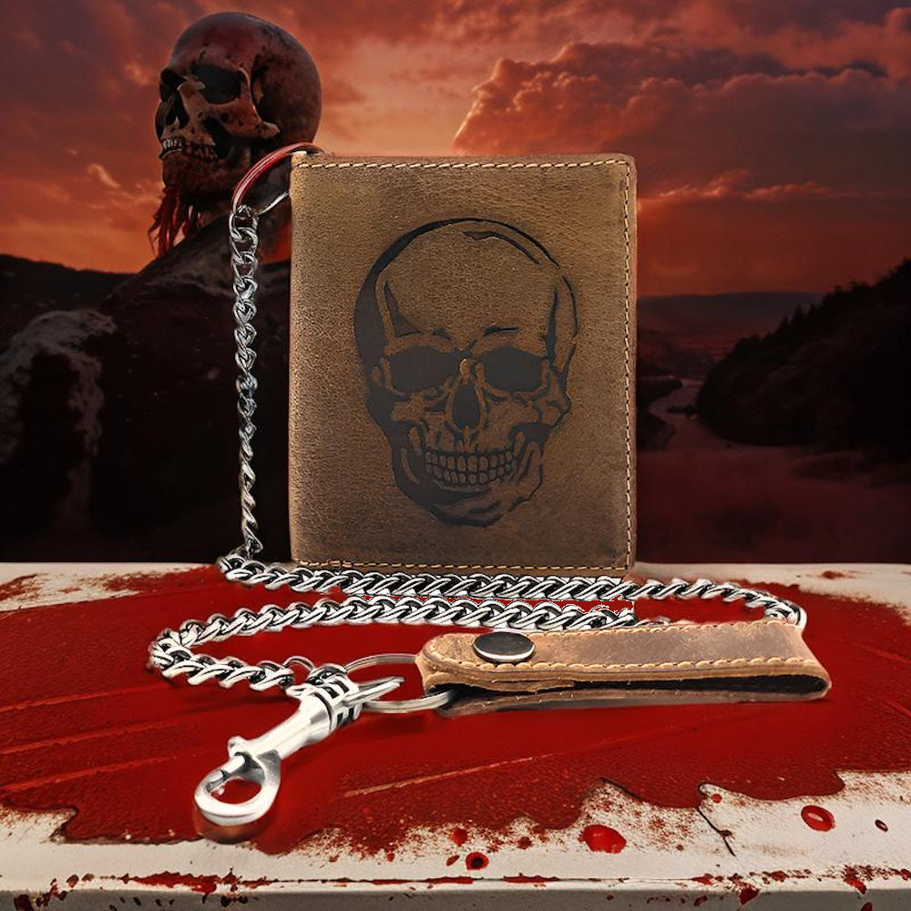 Jockey Club echt Leder Biker Geldbörse mit Kette Hunterleder Portemonnaie Totenkopf mit RFID Schutz