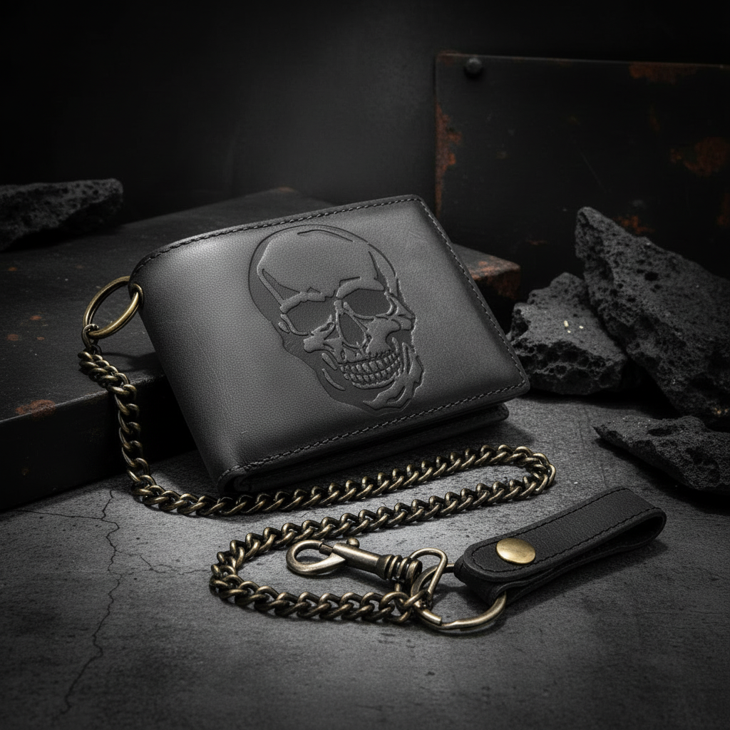 Jockey Club echt Leder Geldbörse Geldbeutel Portemonnaie Totenkopf Schädel + 50cm Kette mit RFID Schutz