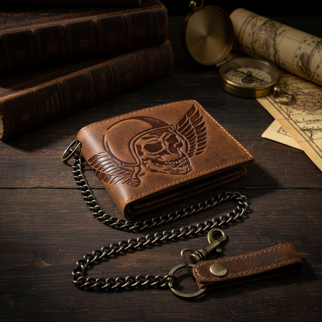 Jockey Club echt Leder Geldbörse Hunterleder Portemonnaie mit Kette Totenkopf Wing of Hell mit RFID Schutz
