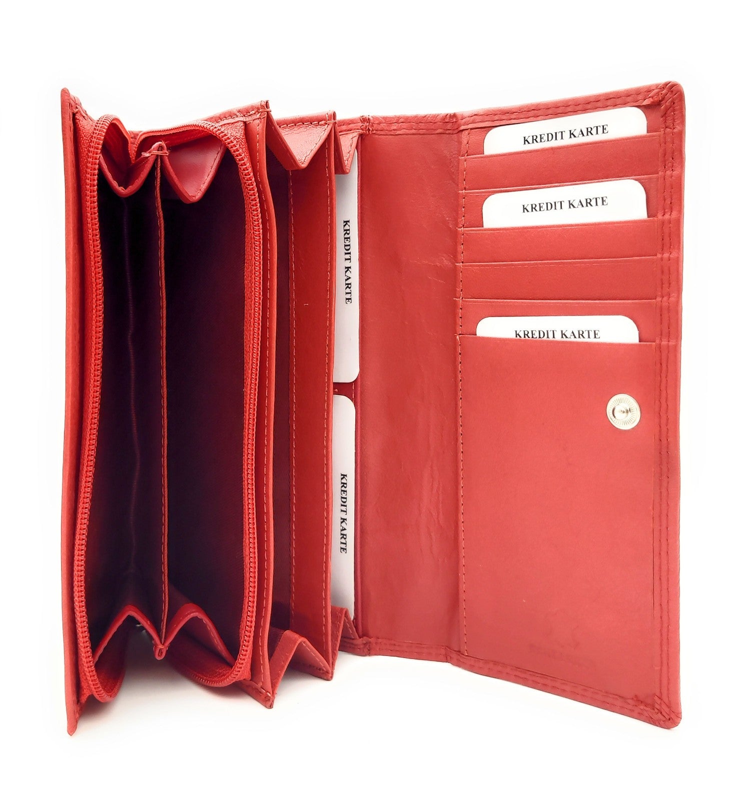 Große Damen Geldbörse aus Echtleder mit RFID-Schutz, 18 Kartenfächer, Langformat mit Münzfach & Doppelnaht rot