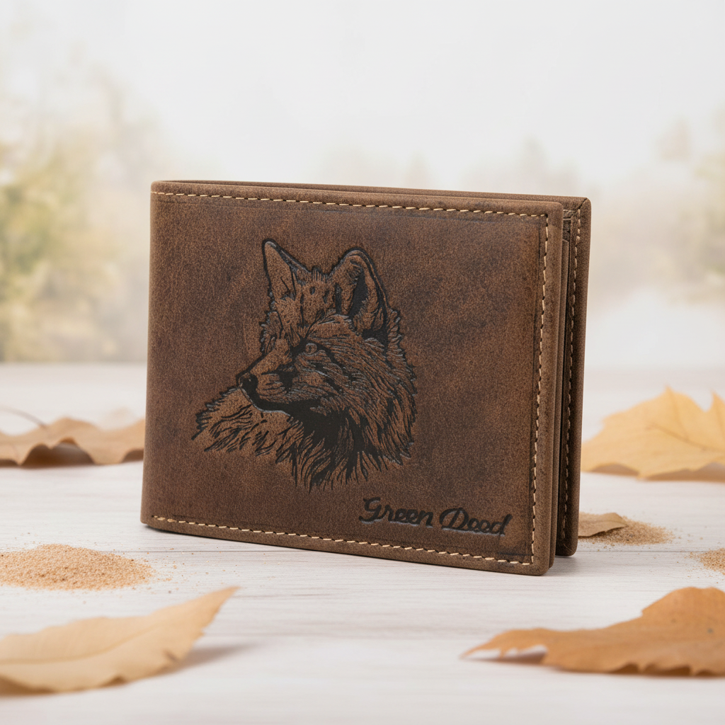 Green Deed Geldbörse aus Hunterleder – Dunkelbraun mit geprägtem Fuchs & RFID-Schutz
