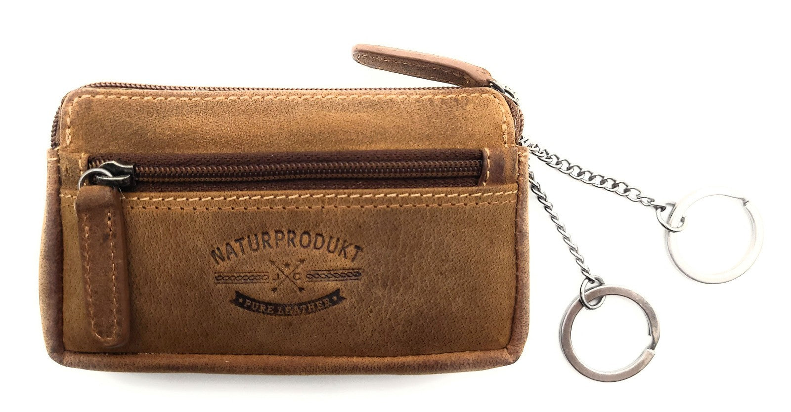 Jockey Club Schlüsseletui aus purem Büffel-Hunter-Leder – ungefüttertes, langlebiges Lederetui mit Reißverschlussfächern und zwei Schlüsselringen cognacbraun
