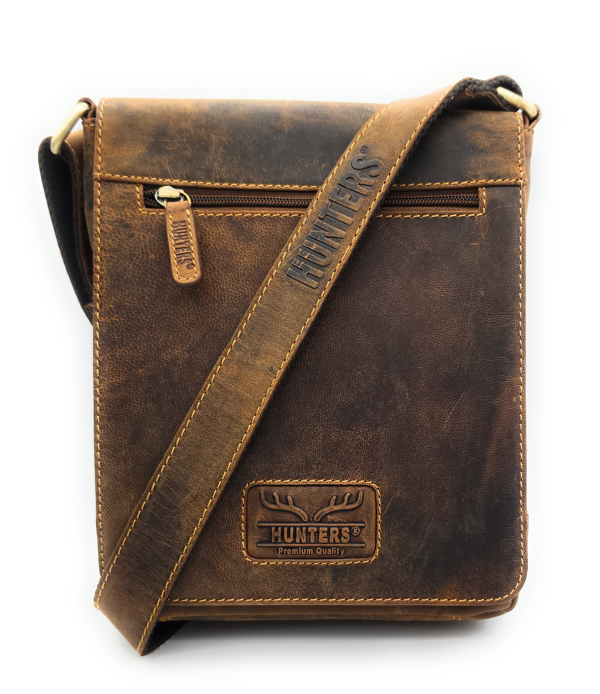 Hunters Umhängetasche Herren – Echtleder Vintage Braun, Messenger Bag mit Überschlag