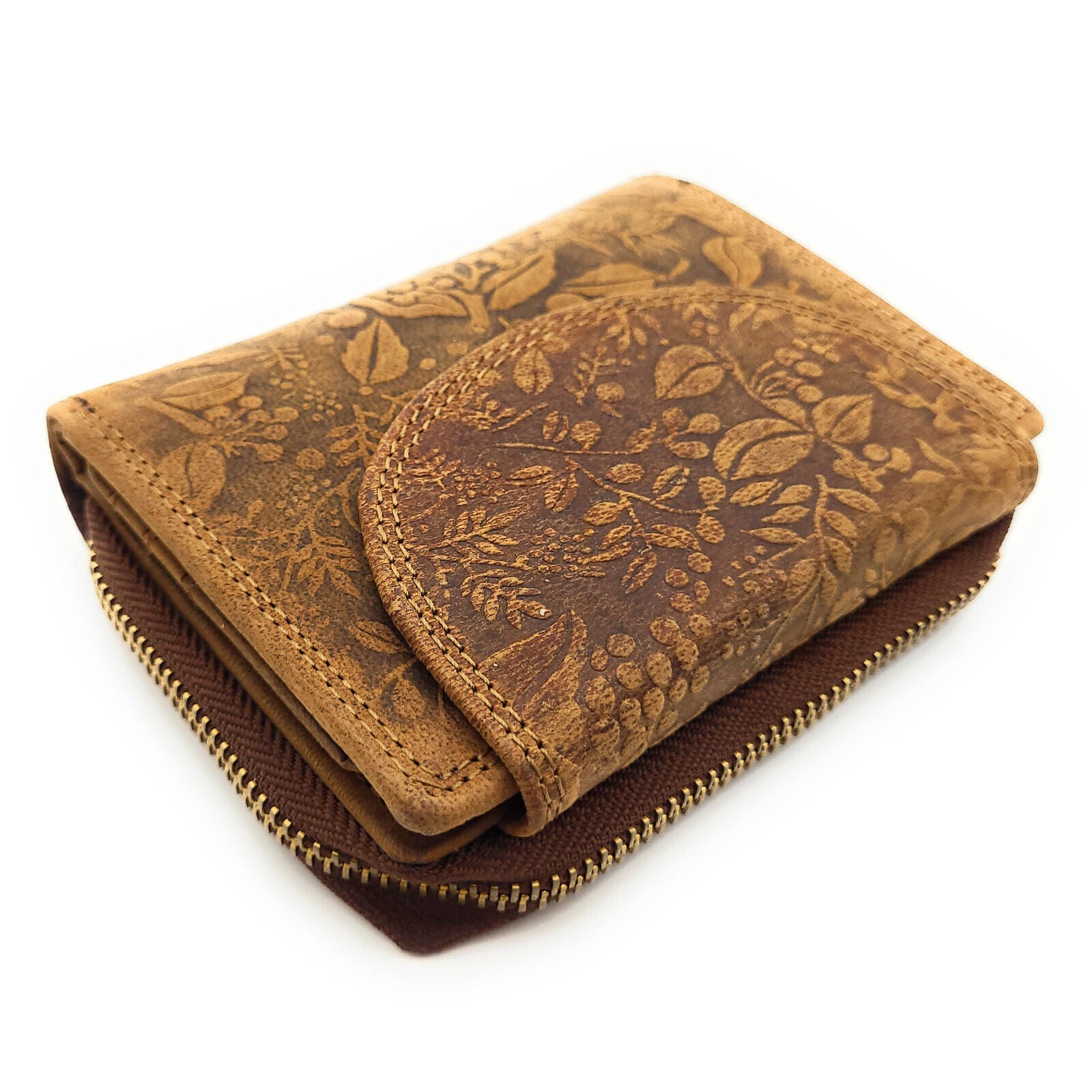 echt Leder Damen Geldbörse Portemonnaie 15 Kartenfächer florale Prägung braun