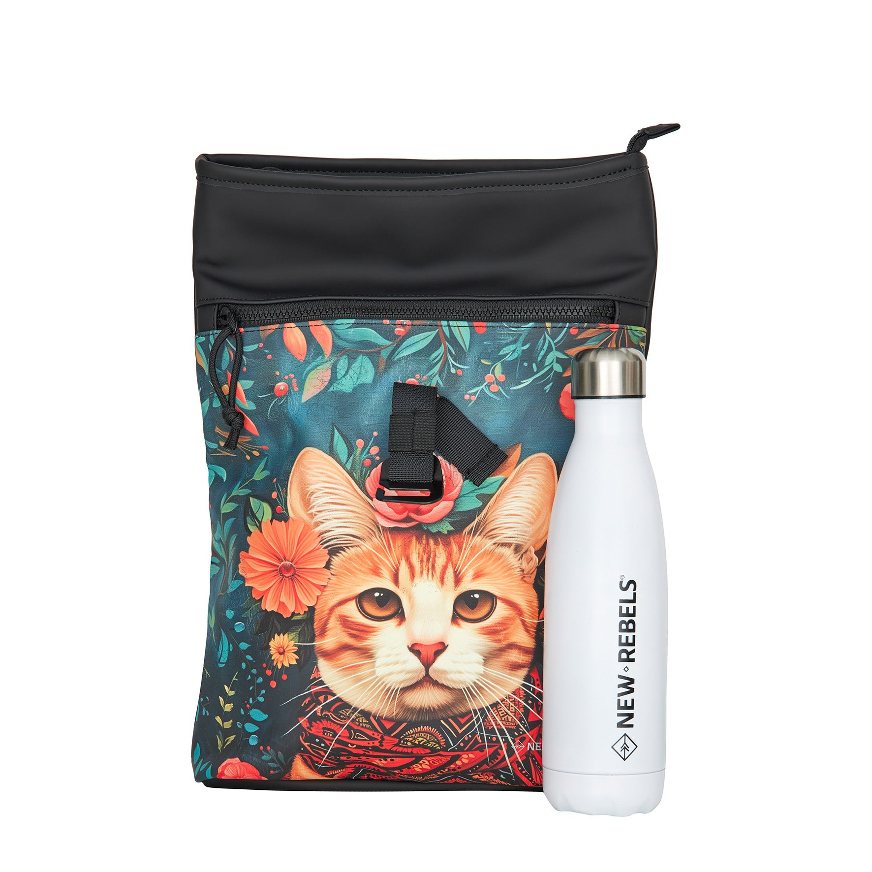 New Rebels Cityrucksack mit Katzenmotiv – Wasserabweisender Rolltop Rucksack für Damen & Herren – Stylischer Daypack mit Blumen-Design