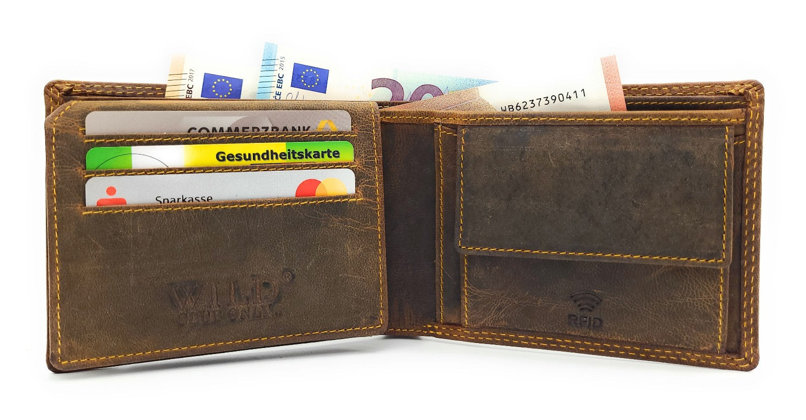 Hunterleder Portemonnaie Querformat mit RFID-Schutz – 6 Kartenfächer, Münzfach, Doppelnaht, bestes Preis-Leistungs-Verhältnis