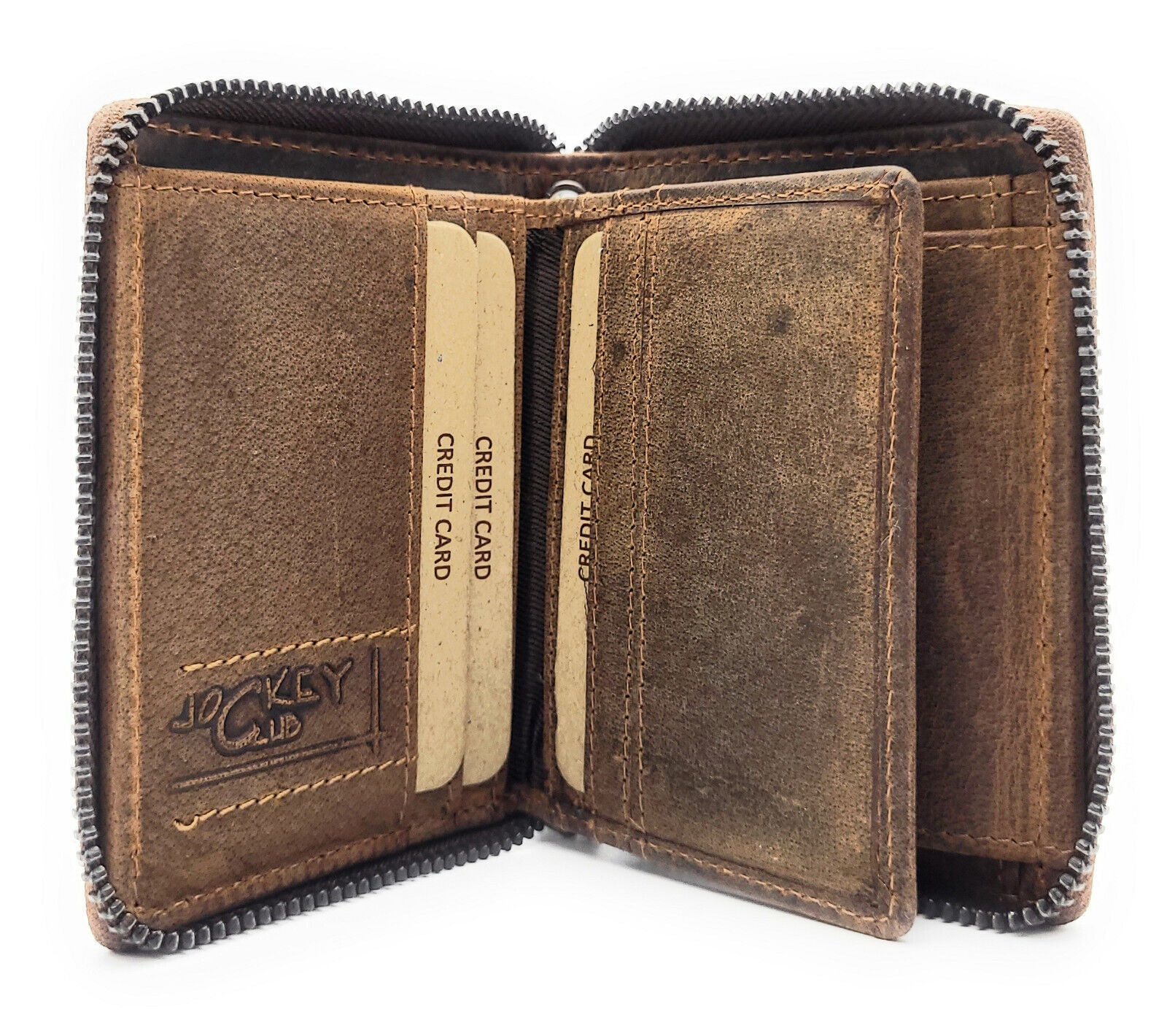 Jockey Club kompakte echt Leder Reißverschluss-Geldbörse Portemonnaie mit RFID Schutz braun