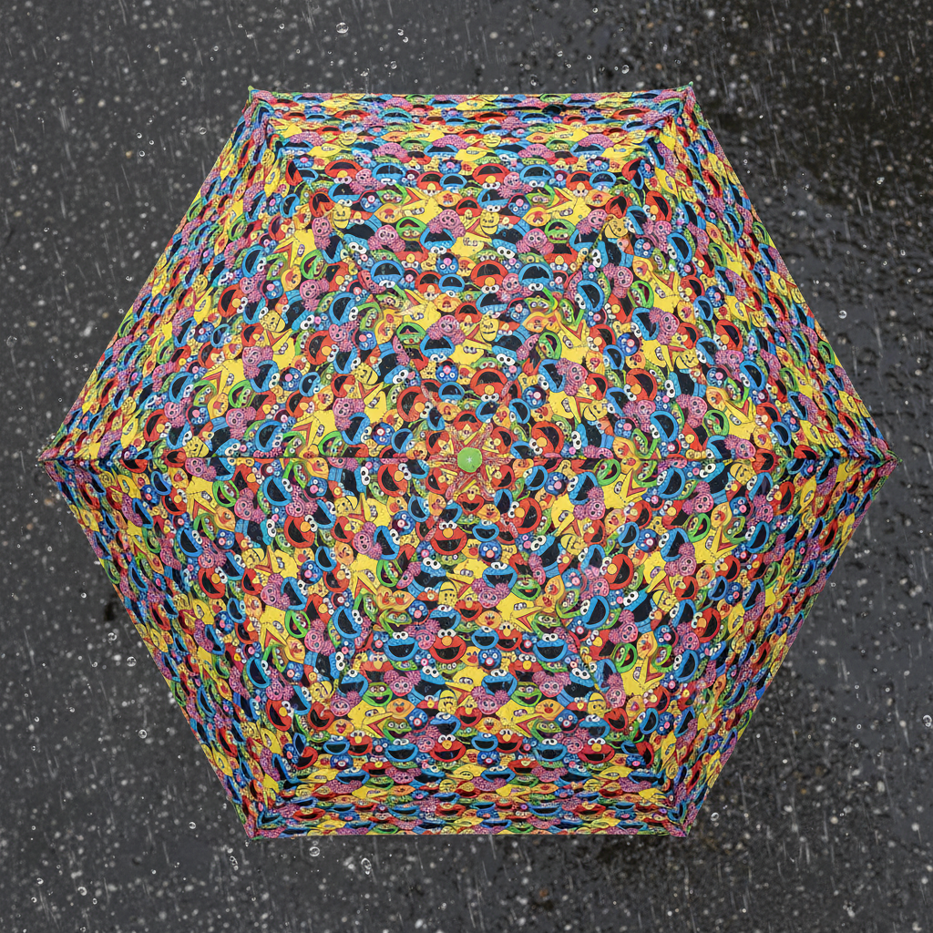 Kinder-Regenschirm Sesamstraße – Allover-Print mit allen Charakteren, Ø 90 cm, 230 g, Handöffner