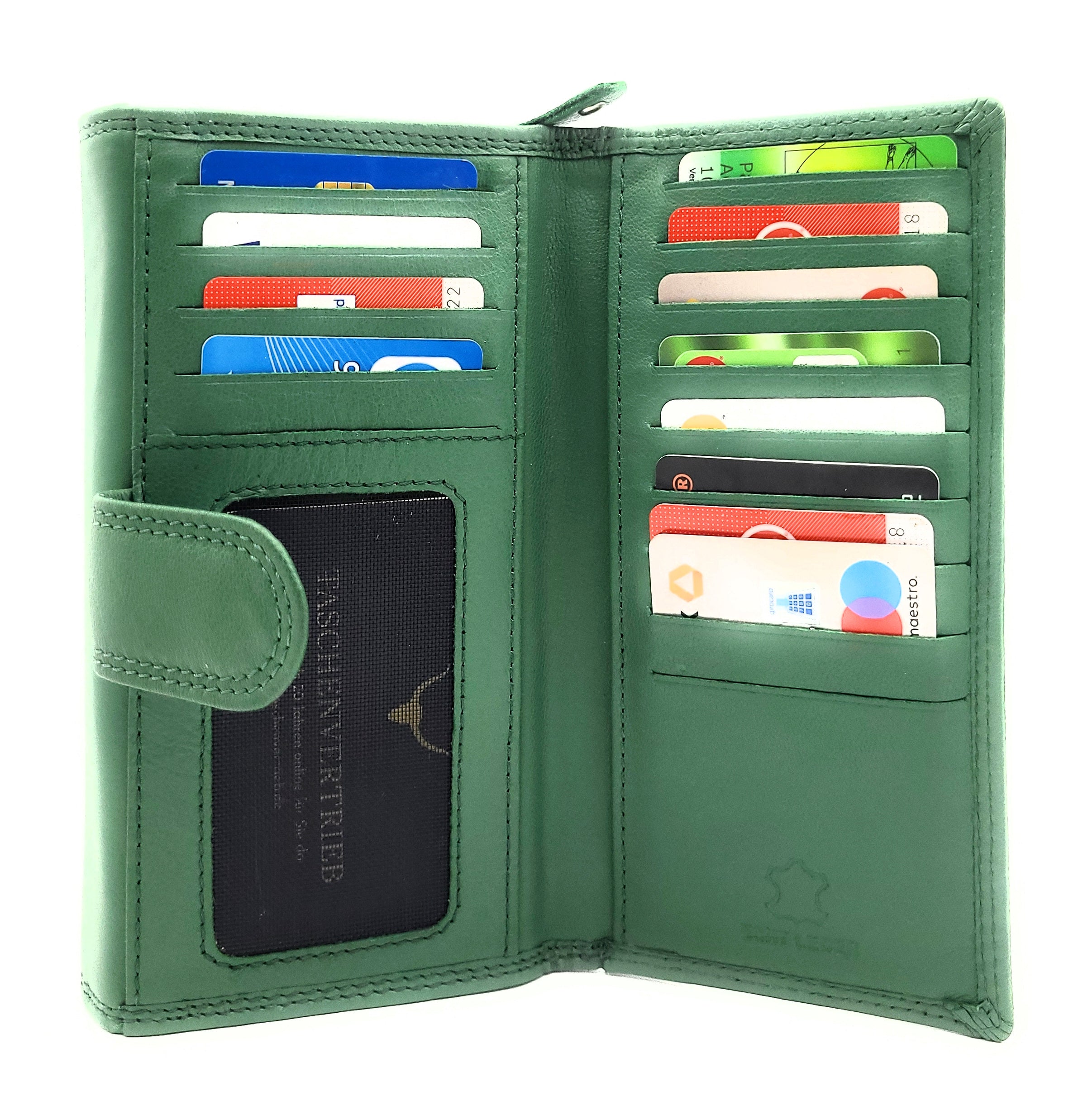 XXL Damenbörse Nappaleder RFID-Schutz – 18 Kartenfächer, Münzfach, Echtleder Geldbörse grün