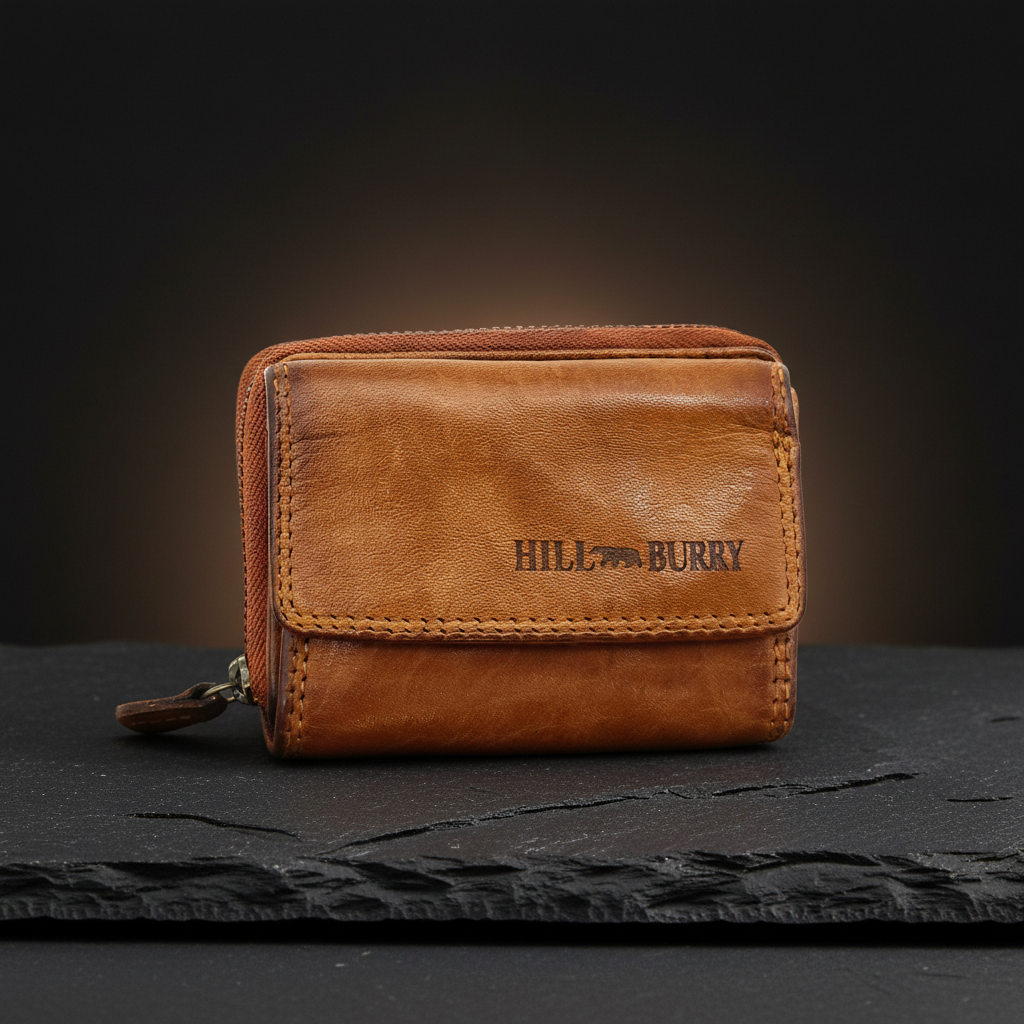 Hill Burry Mini echt Leder Geldbörse Portemonnaie RFID Schutz Waschleder cognac