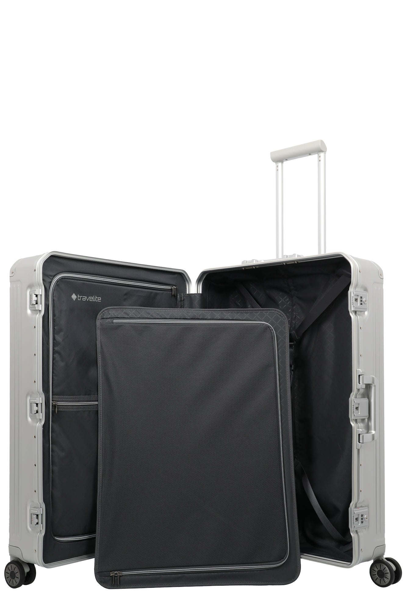 Travelite Next Trolley L – Aluminium Koffer 100 L, TSA, 4 Rollen, variable Packplatte