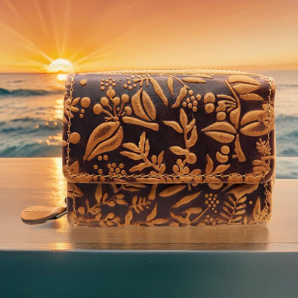 Hill Burry Mini echt Leder Damen Geldbörse Portemonnaie RFID NFC Schutz floral cognac