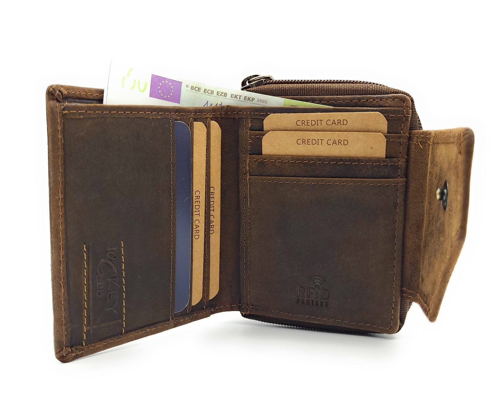 Jockey Club Geldbörse aus Hunterleder mit Katzenprägung – RFID Schutz, kompaktes Portemonnaie mit Reißverschluss-Münzfach & Außenriegel