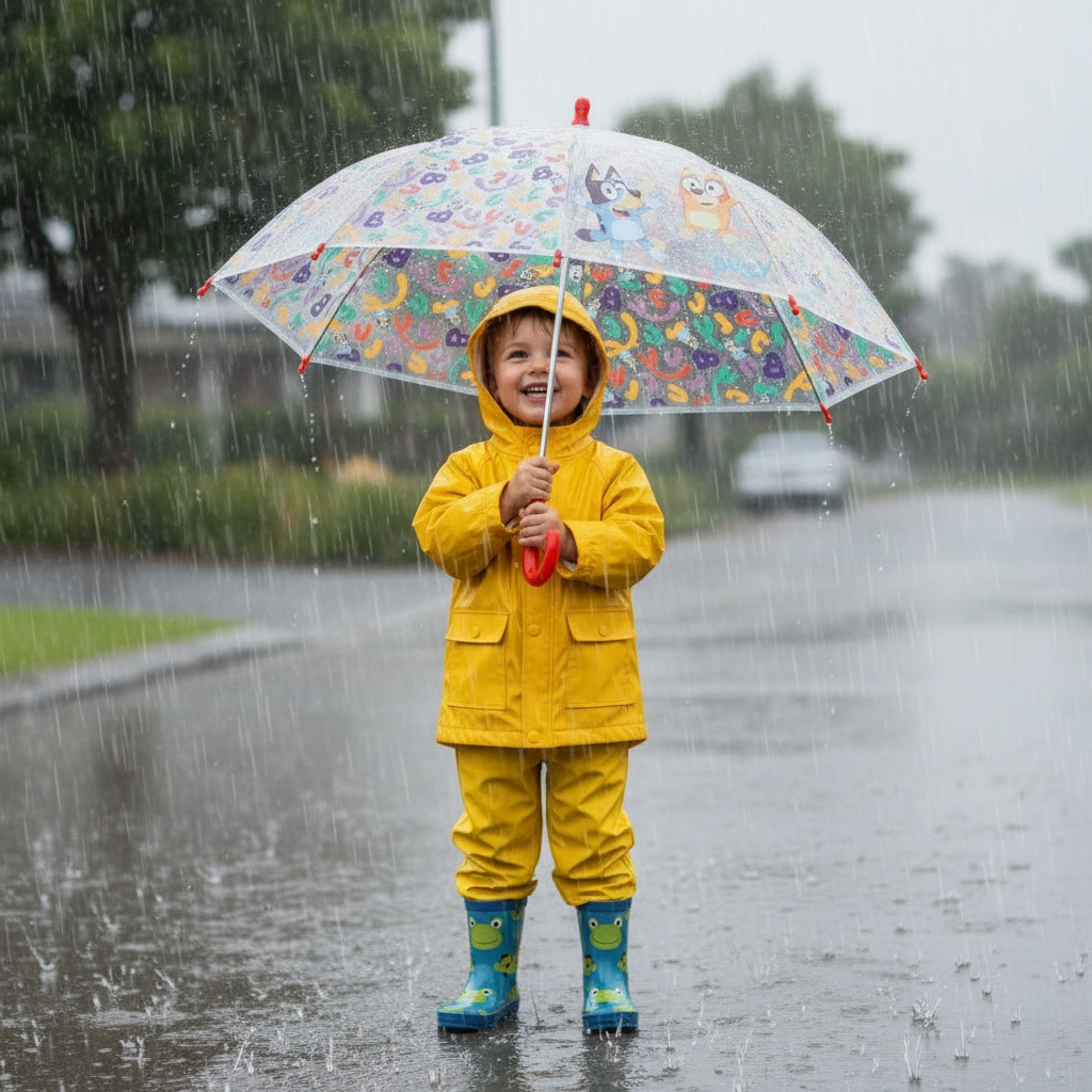 BLUEY Kinder-Regenschirm – Leichter transparenter Schirm mit Rundhakengriff