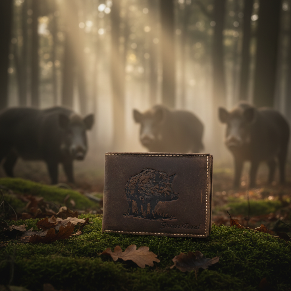 Green Deed kompakte Geldbörse aus Hunterleder – Wildschwein Motiv, dunkelbraun, RFID-Schutz & Geschenkbox