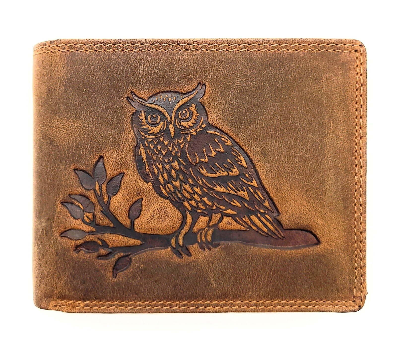 Lemasi Büffelleder Unisex Geldbörse mit Eulen-Prägung - RFID Schutz - 16 Fächer - Hunterleder Querformat