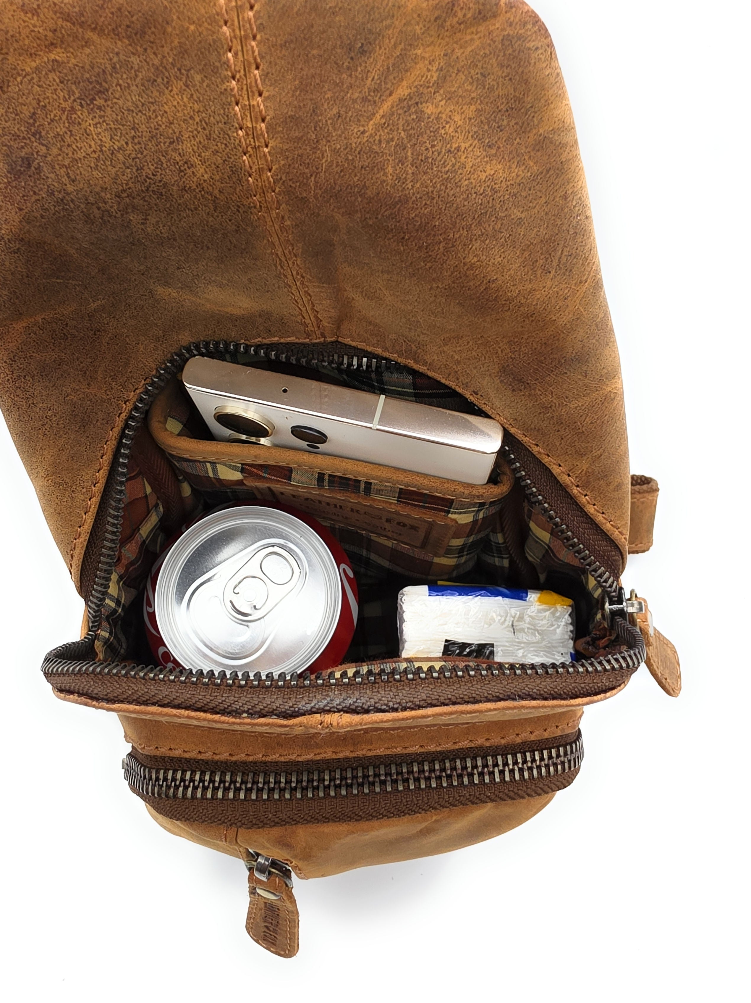 Leatherfox Slingbag Echtleder – Crossbody Bag Hunterleder | Rechts & Links tragbar | Tan-Braun