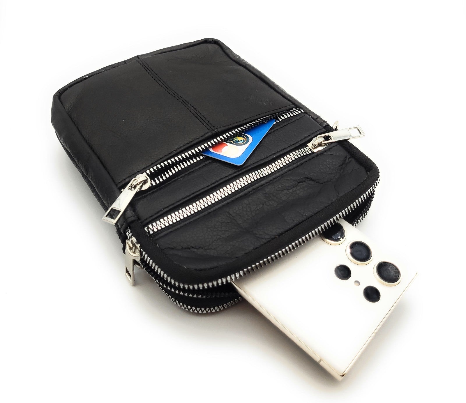 Unisex Umhängetasche aus schwarzem Nappaleder mit silbernen Reißverschlüssen